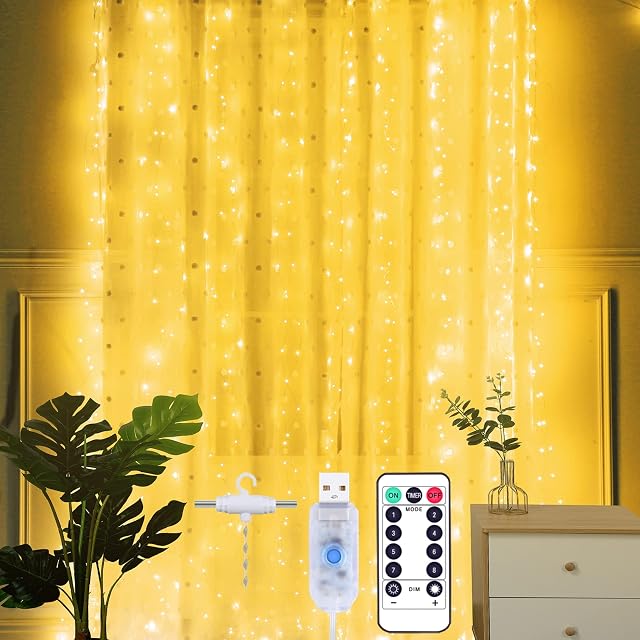 Yizhet Curtain Lights 2mx2m Curtain Fairy Lights with Hooks, 200 LED Curtain String Lights, 8 Modes Fairy Lights Curtain with Remote Control & IP65 Waterproof for Wedding Party Christmas (Warm White)