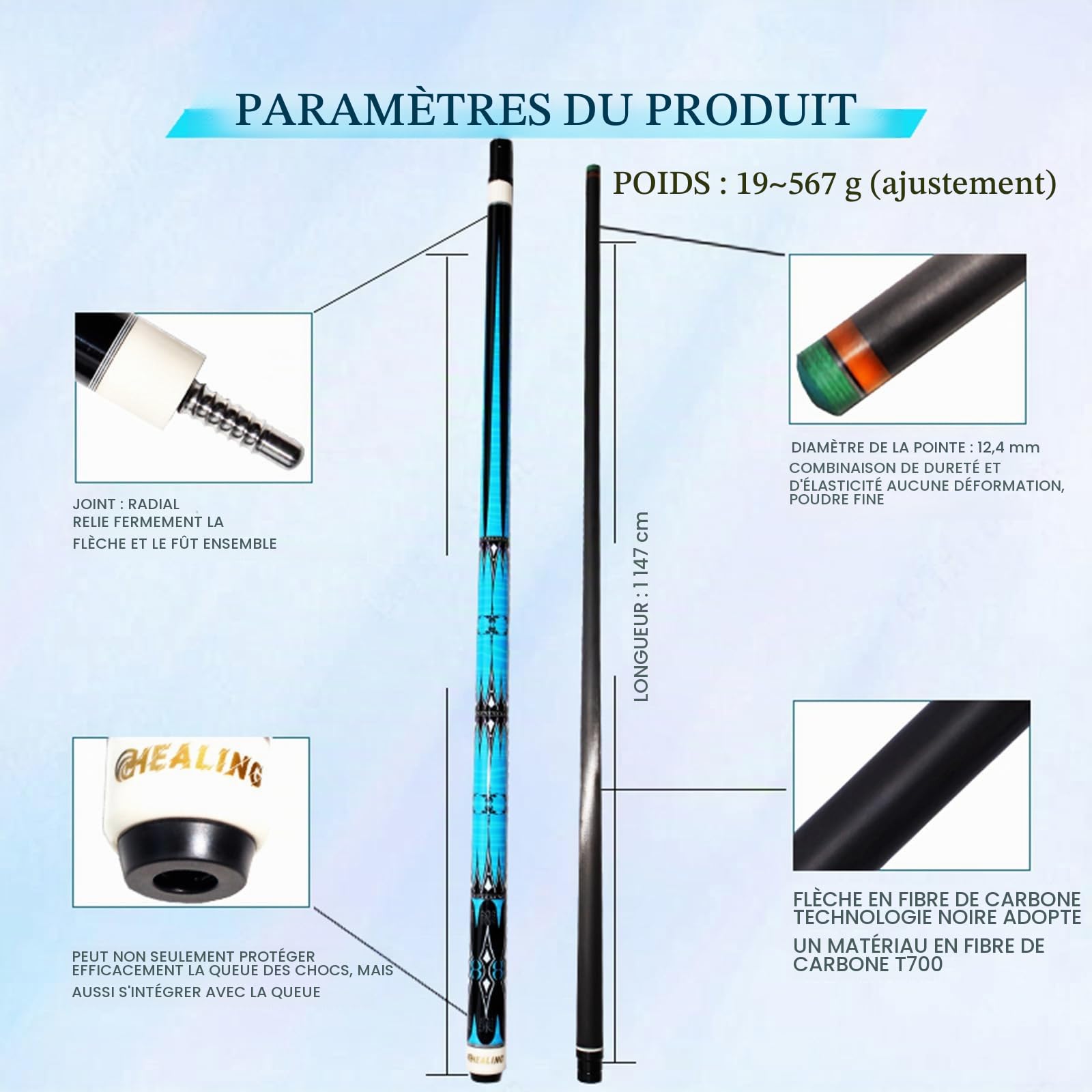 KHEALING Queue De Billard en Fiber de Carbone de 58 Pouces, Fournitures de Billard à Pointe de 12.4mm, Connecteur à 8 Dents, Convient au Billard Français, 8 Boules, 9 Boules, 19-20 Oz