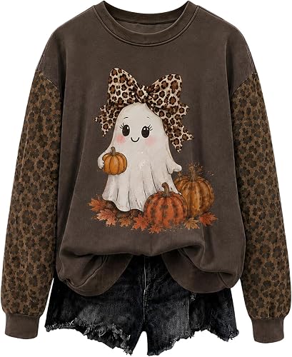 Halloween Sweatshirt Women Long Sleeve Crewneck Ghost Leopard Print Top
