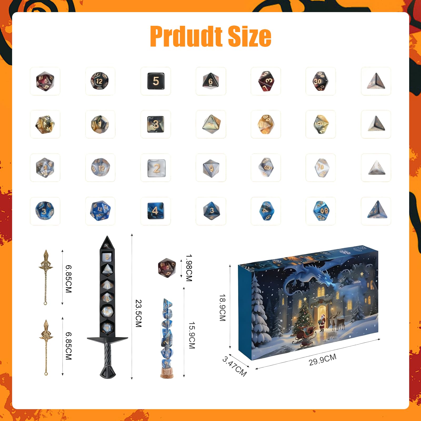 Set de Dados Poliédricos, Dados de Fantasía, Cube para Juegos de Mesa, Colección de 28 Cubes, Diseño Dos Colores con Caja Espada, para Juegos de rol y Estrategia