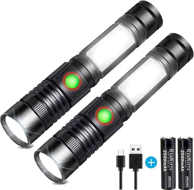 REHKITTZ Torch Led Torches Rechargeable (Including 2500mAh Battery) Mini Magnet Torches Super Bright Tactical Flashlight COB Work Light Powerful Torch for Hiking Camping Walking(2 Pack)