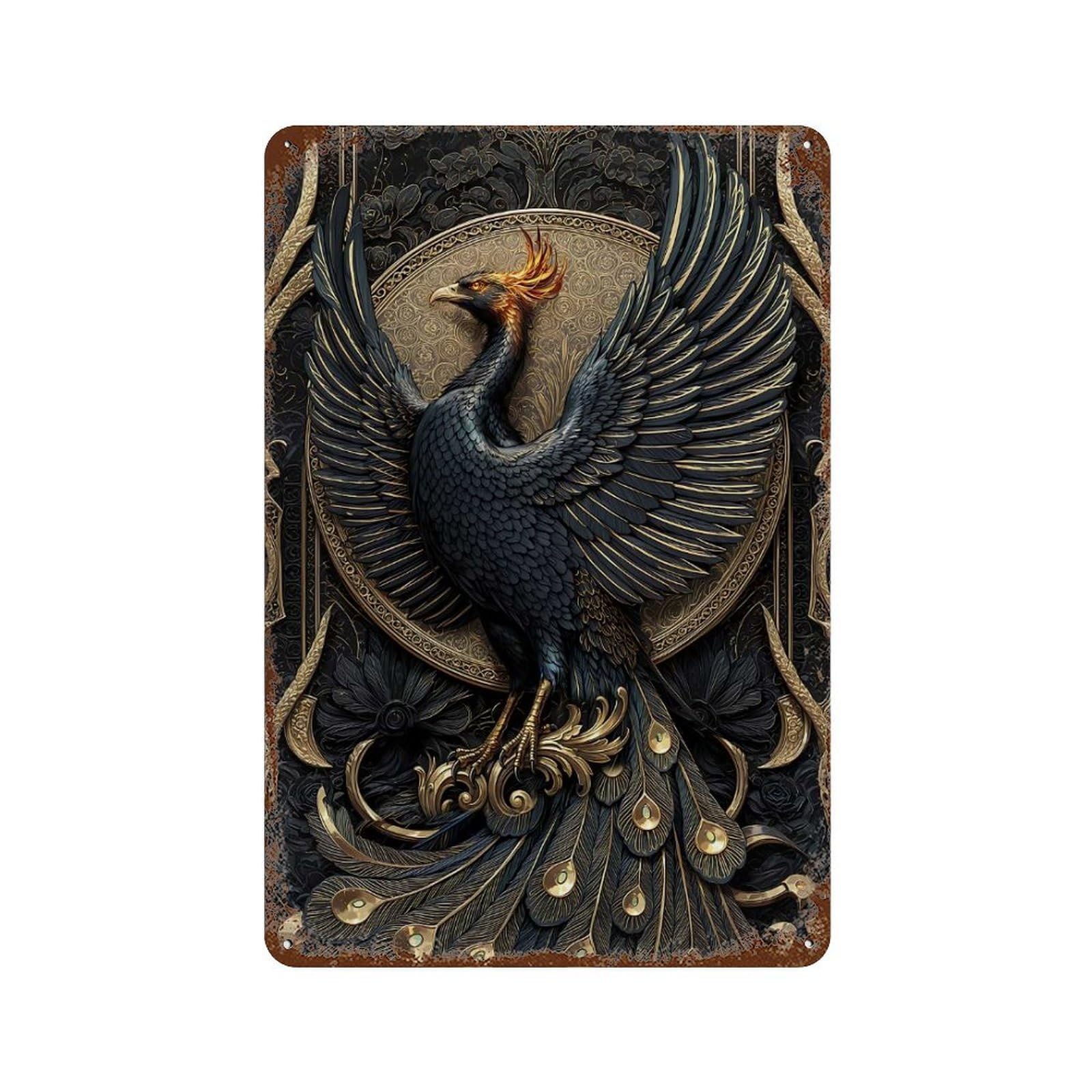 Aged Metal Wall Plaque with Golden Phoenix Relief Art Deco Design 11.8"x7.9", for Shed, Workshop And Garage Wall Decor, Decorative Metal Wall Art