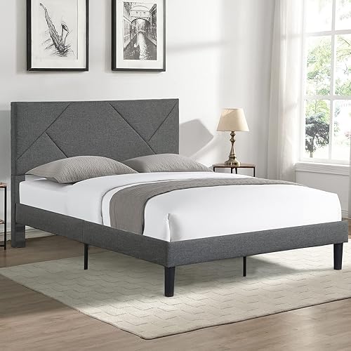 TMEOSK Base de cama de plataforma Queen con cabecera ajustable, base de colchón tapizada de tela, soporte de listones de madera fuerte, no necesita