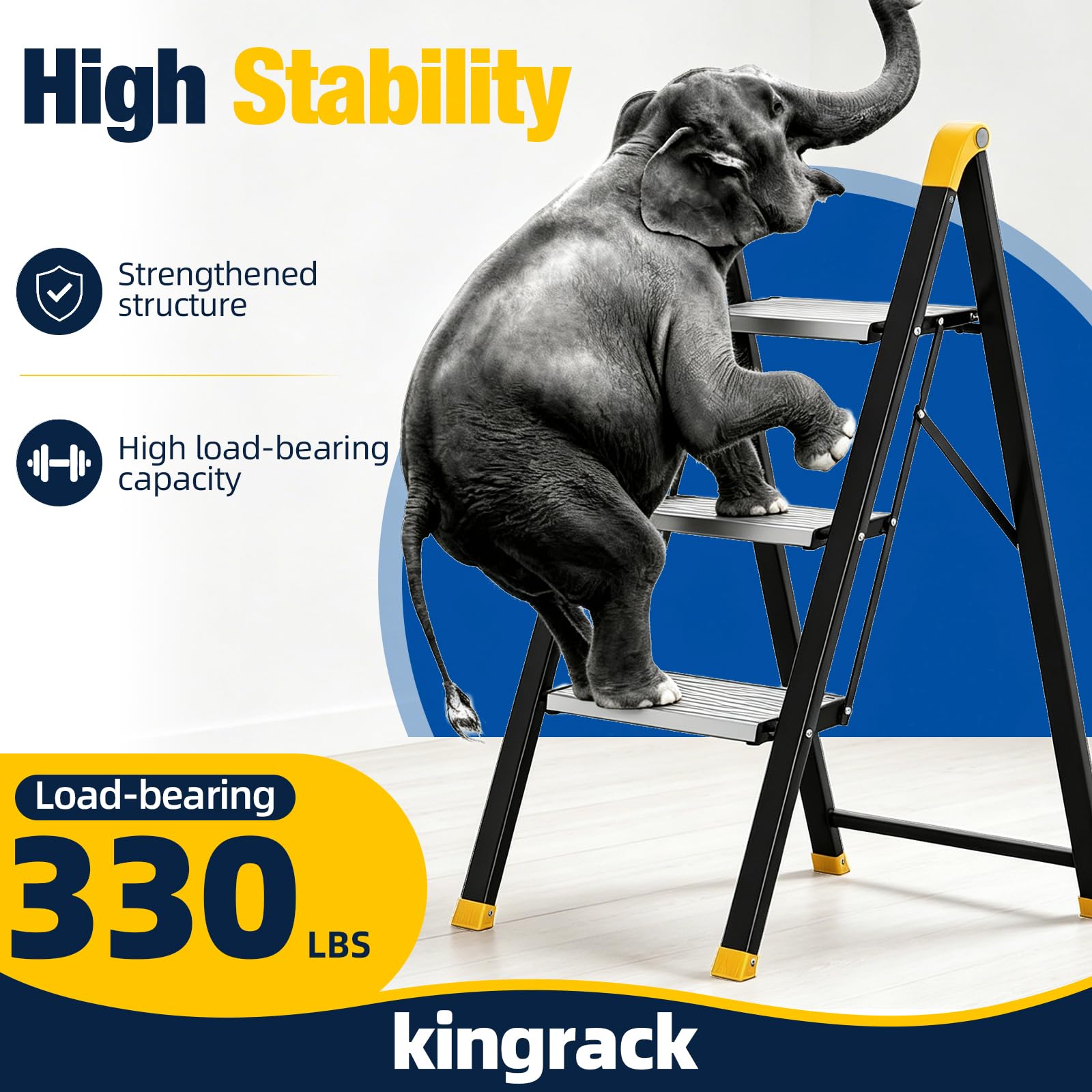 Kingrack Escalera 3 peldaños Aluminio Antideslizante, Capacidad 150kg Negro | Escalera taburete plegable aluminio peldaños antideslizantes, soporta 150kg, plata y negro, uso hogar cocina oficina
