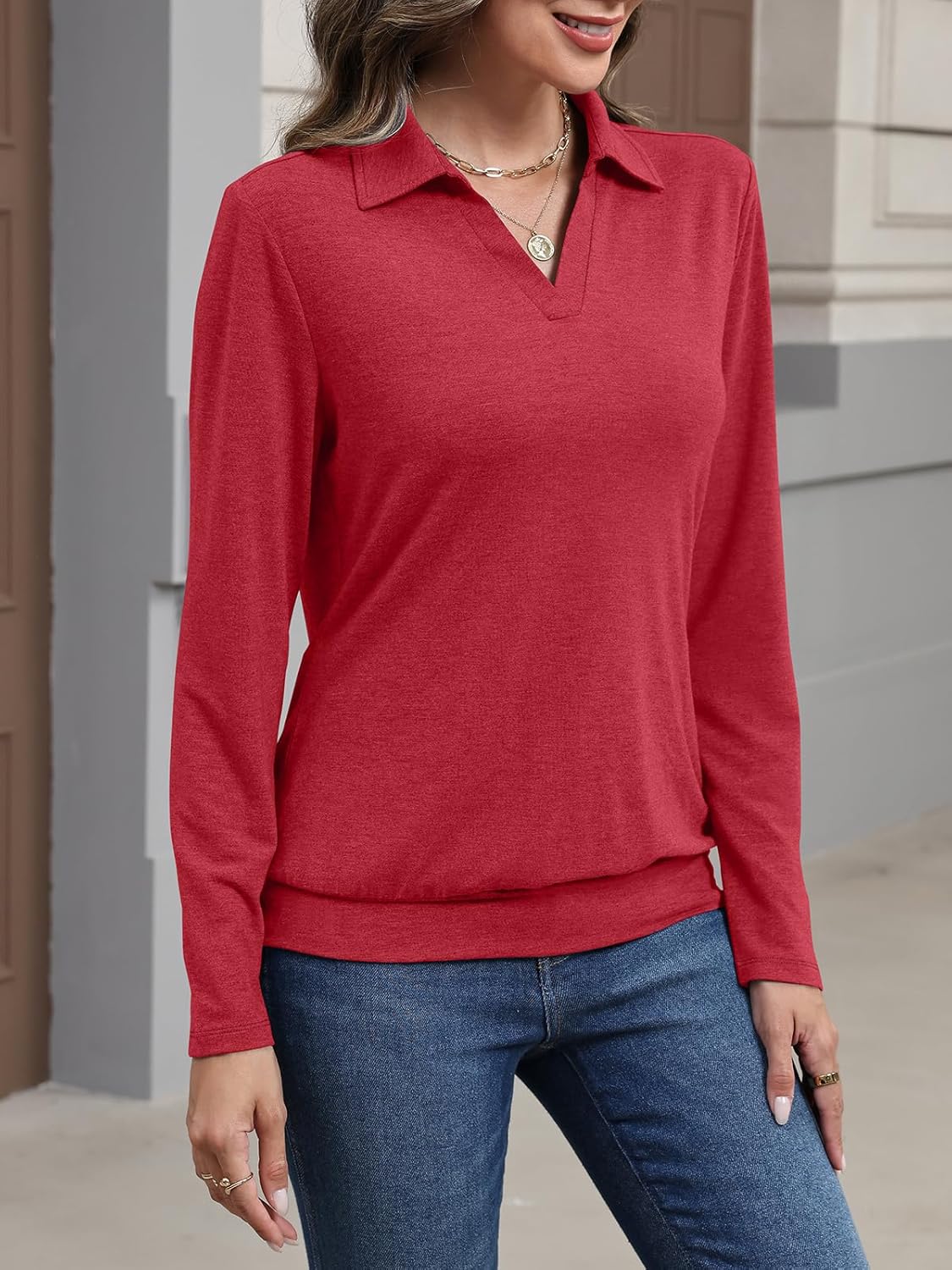 Womens Polo Shirts Long Sleeve Banded Bottom Tops Business Casual Tops Collared V Neck Blouses - Image 5