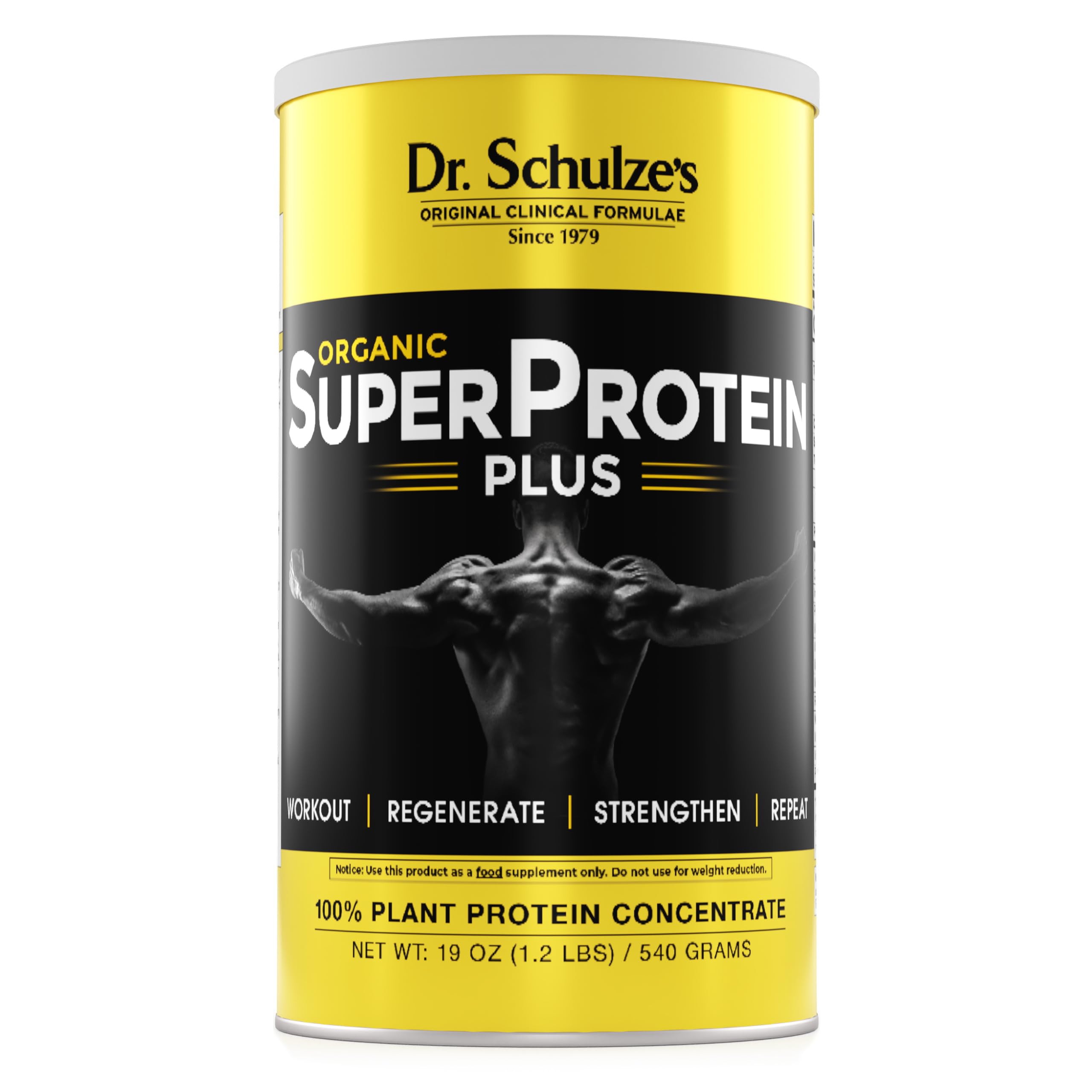 Dr. Schulze's | SuperProtein Plus | 100% Plant Protein Concentrate | Organic Powder Mix | Vitamin B-12 & Spirulina | Dietary Supplement | Build Strong Muscle | Enhance Workout Recovery | 19 Oz.
