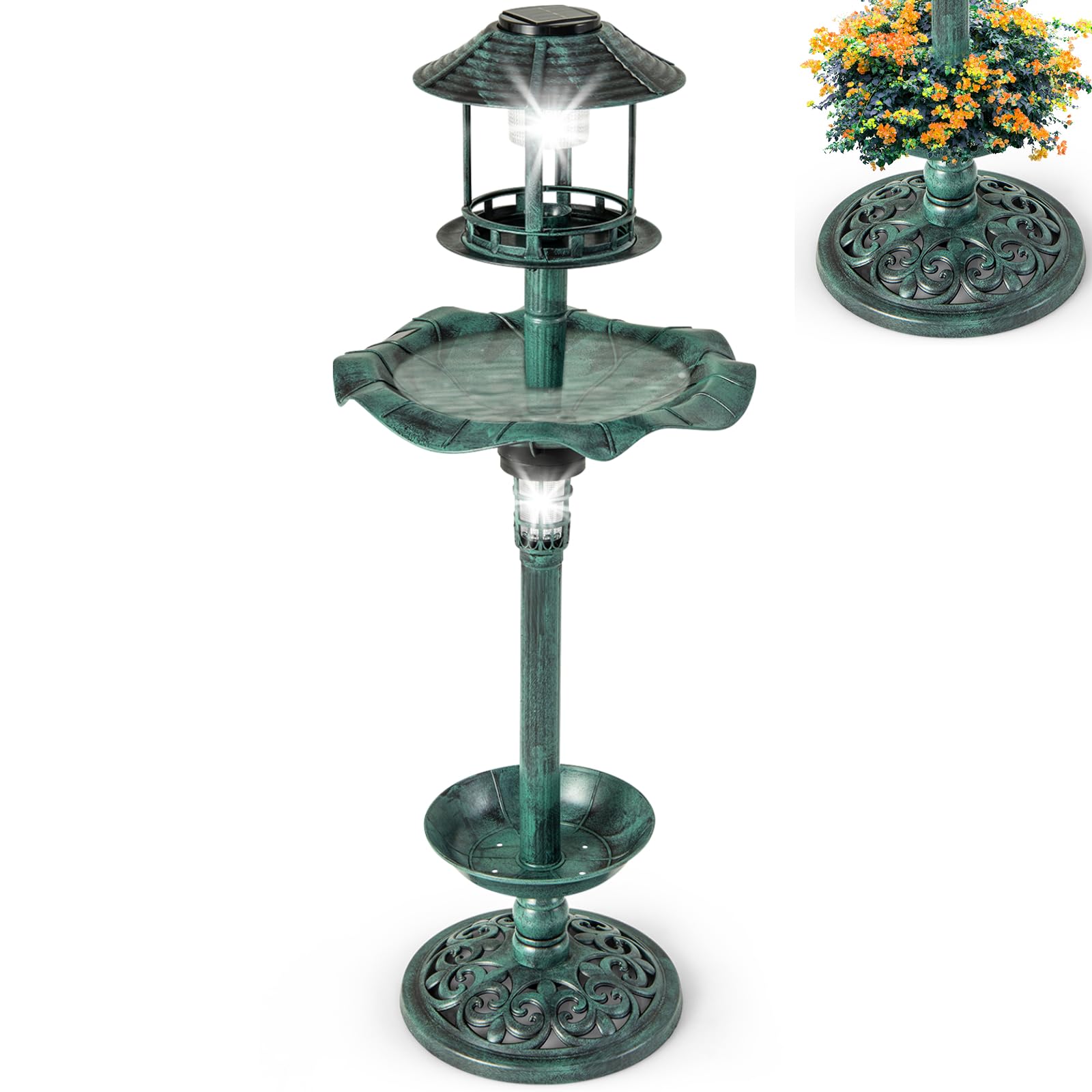 Maxmass Bird Bath Feeding Station, 4 in 1 Birdbath Stand with Feeder, 2 Solar-Powered Lamps, Flower Planter, Fillable Pole & 3 Stakes, Freestanding Bird Hotel Feeder for Garden Yard (Bronze)