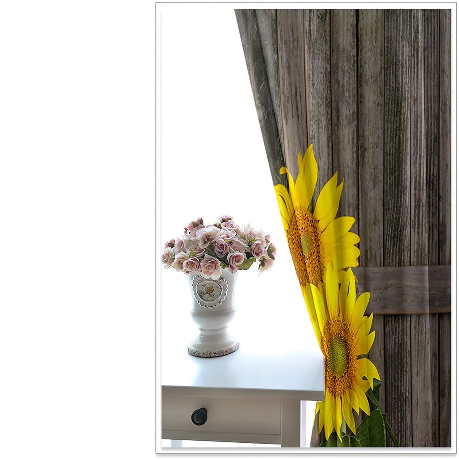 Lichtundurchlässige Vorhänge, 96x138cm Braun Gelb Grün Holztür und Sonnenblumenmuster Verdunklungsvorhänge mit Ösen