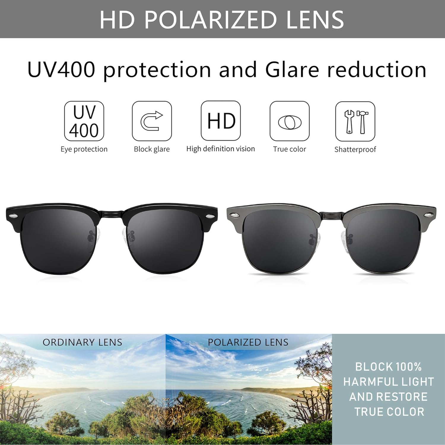 SUNGAIT Polarized Sunglasses for Men and Women, Classic Half-Frame Retro Shades for Driving, Travel, and Outdoor Activities