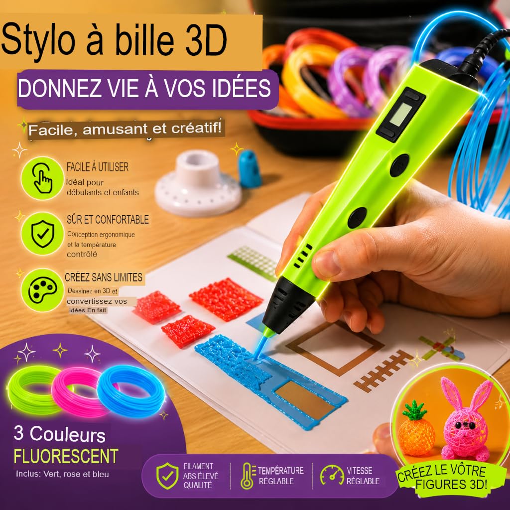 Stylo 3D de précision | Kit Complet avec 45 m de Filament PLA (15 Couleurs) et 3 Couleurs Fluorescentes | Vitesse réglable | Outil pour travaux manuels et réparations