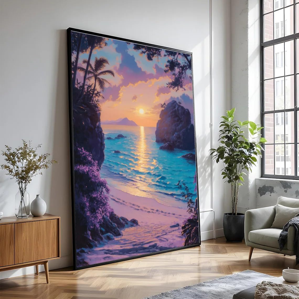 Toile coucher de soleil plage évocation sérénité vagues océan XINBAO - 8