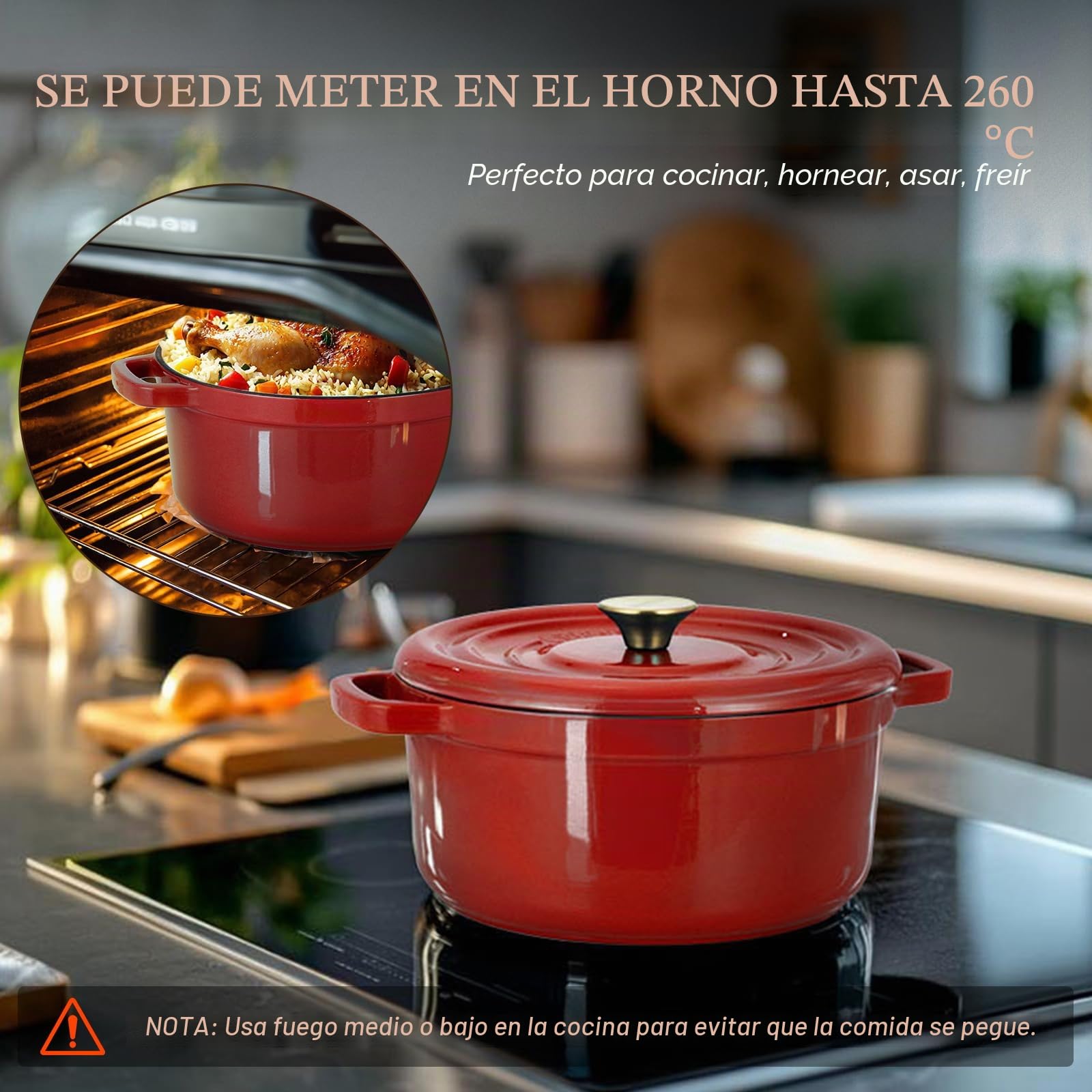 Overmont Horno holandés de hierro fundido esmaltado, olla de 5 cuartos con tapa, libro de cocina y agarraderas de algodón, utensilios de cocina resistentes para estofar, guisos, asar, hornear pan,Rojo
