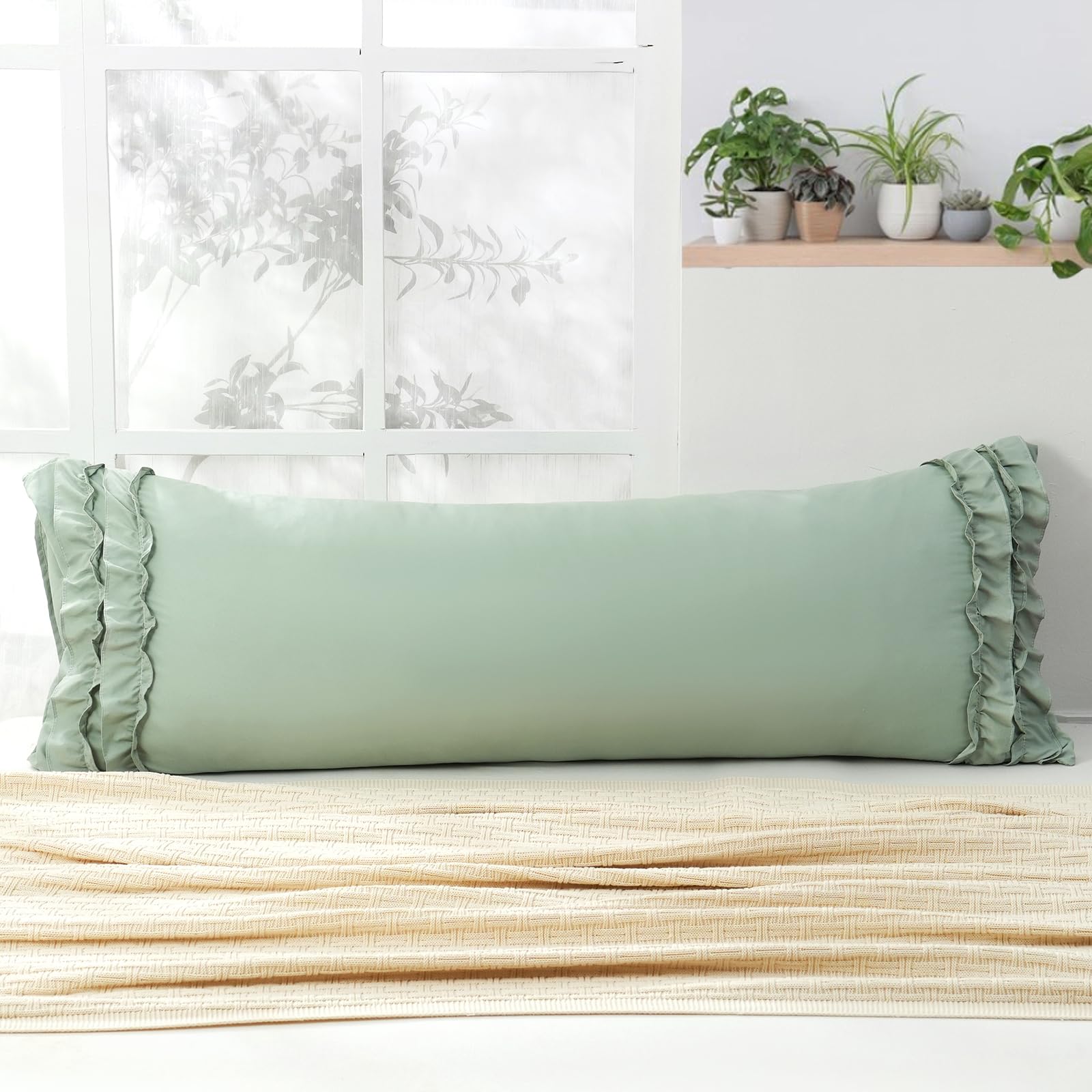 Herside Sage Green Body Pillow Case, 20x54 inches French Country Vintage Ruffled Long Pillowcase 1 Pack, Ultra Soft Washed Microfiber