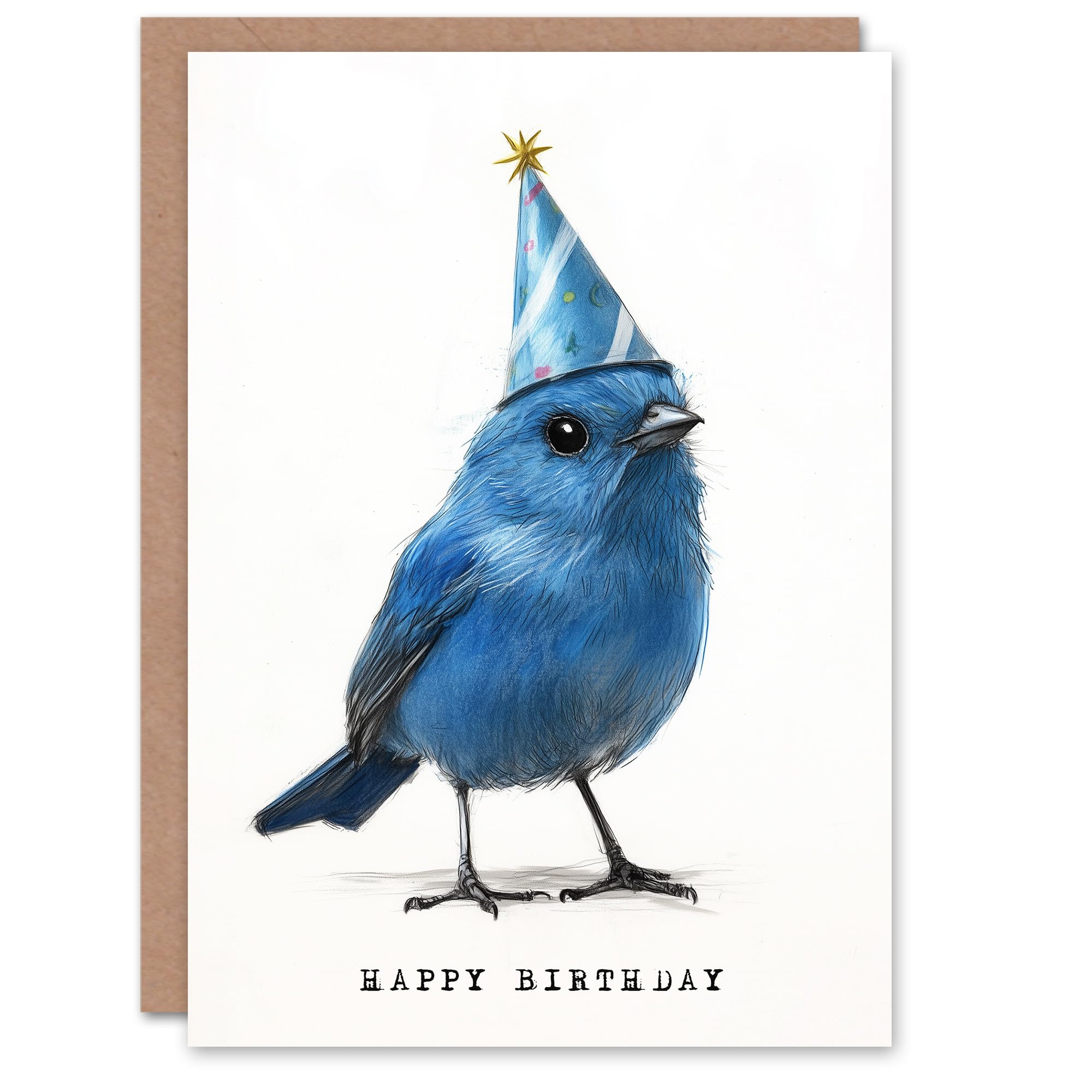 Artery8 Cute Blue Bird With a Party Hat Painting Birthday Card