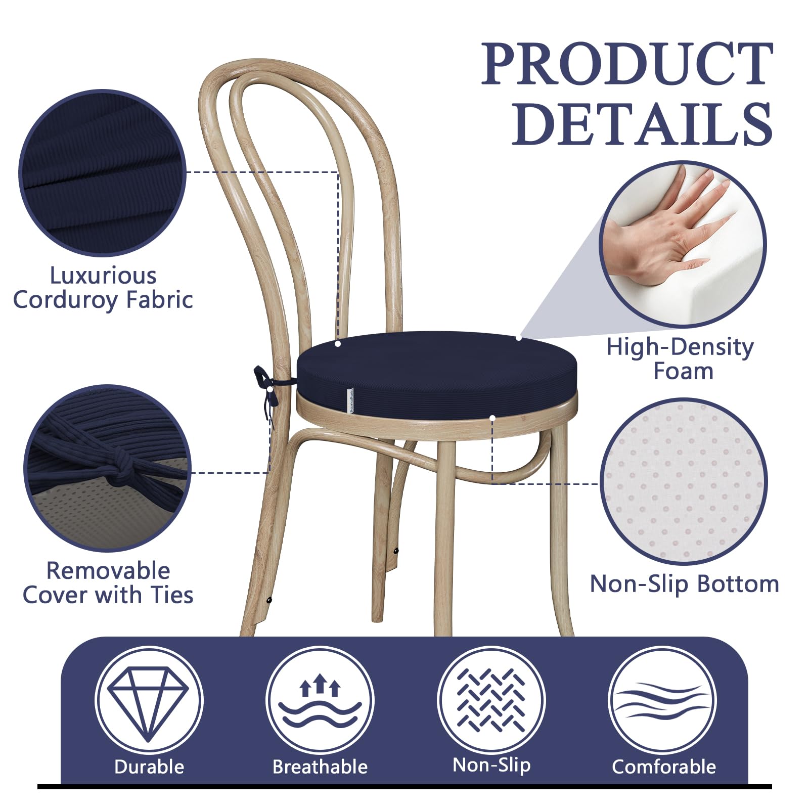 Lot de 2 coussins de chaise ronds pour chaises de salle à manger, 5 cm d'épaisseur avec attaches pour cuisine, jardin, bar - Antidérapant - Pour intérieur et extérieur - 40 x 40 cm - Bleu
