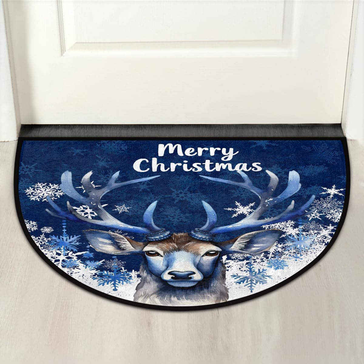 Christmas Blue Reindeer Half Round Door Mat Non Slip Washable Semi Circle Area Rug Absorbent Soft Half Moon Rug Floor Mat for Indoor Outdoor Kitchen Bathroom Patio Front Door Mat Decor
