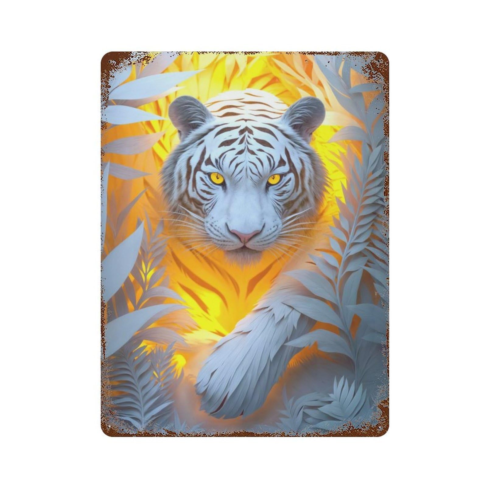 White Tiger in Jungle 15.7"x11.8" Rustic Tin Plaque, Novelty Wall Decor for Bistro, Counter And Cafe Decor