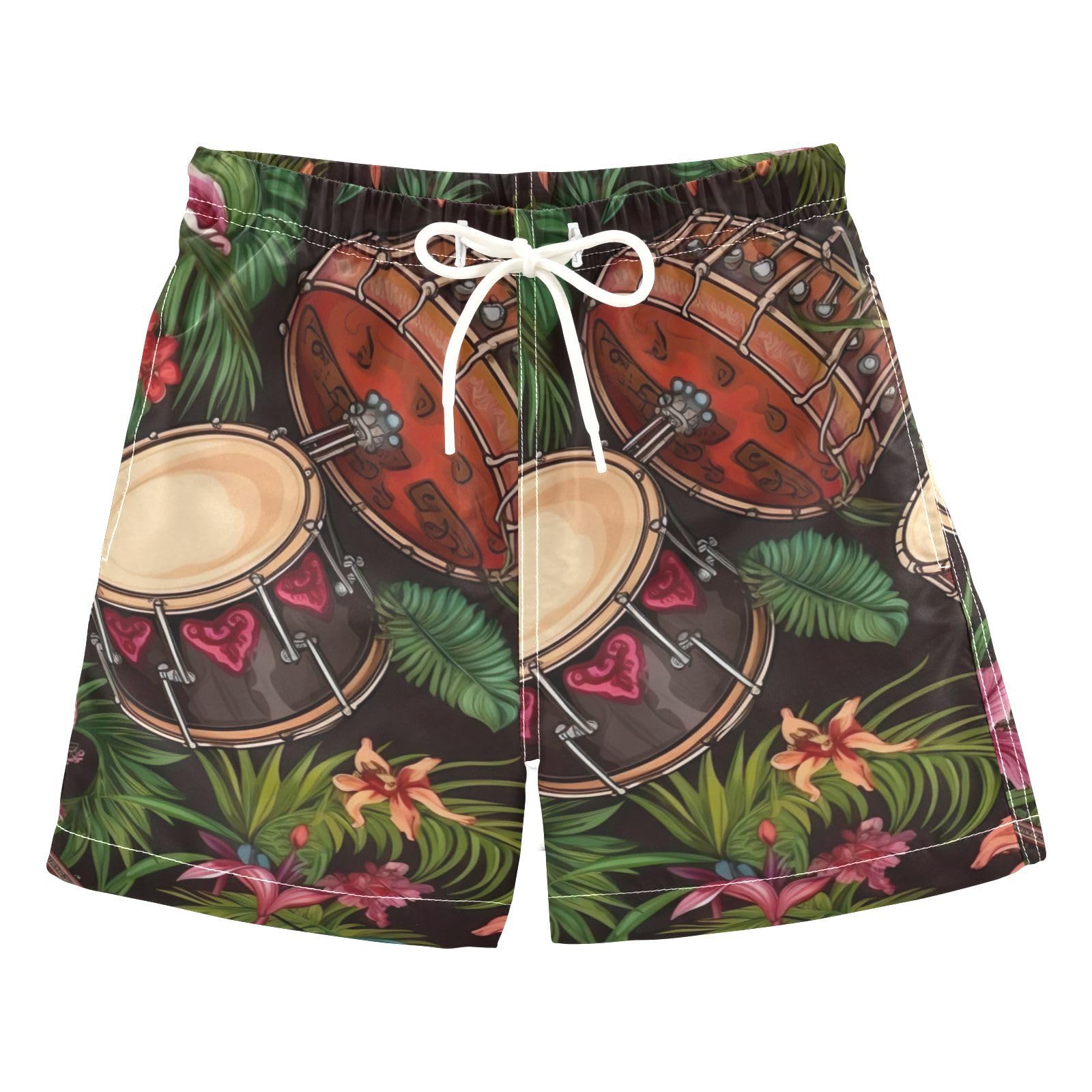 FLildon Cinco De Mayo Drums Tropical Flowers Little Boys Swim Trunks with Mesh Lining Quick Dry Beach Board Shorts, 3T
