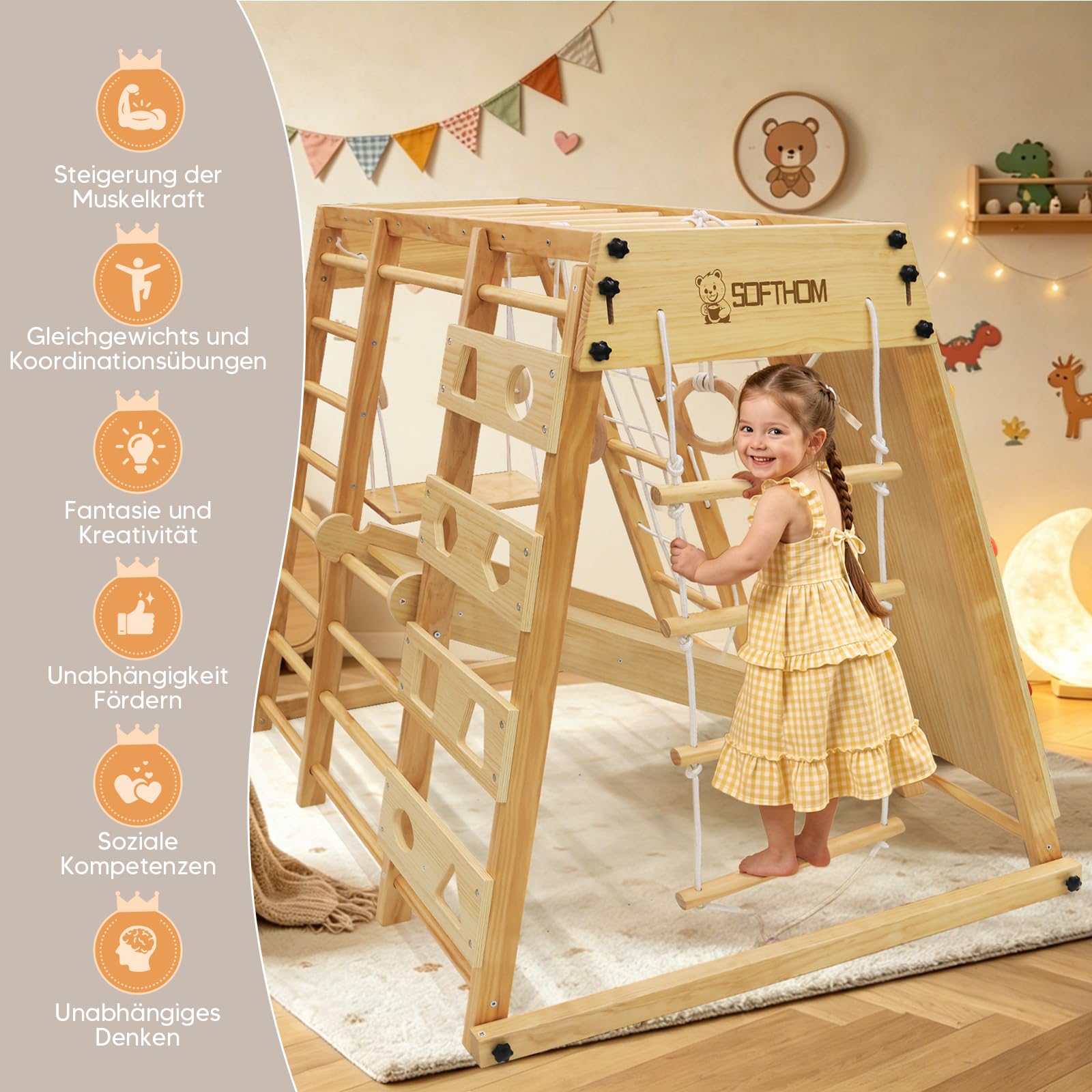 Maxi Estructura de Escalada de Interior, 10 en 1 Multifuncional Estructura de Escalada para Niños, Impermeable&Plegable, Montessori Set de Escalada de Madera, Monopatín, Balancearse
