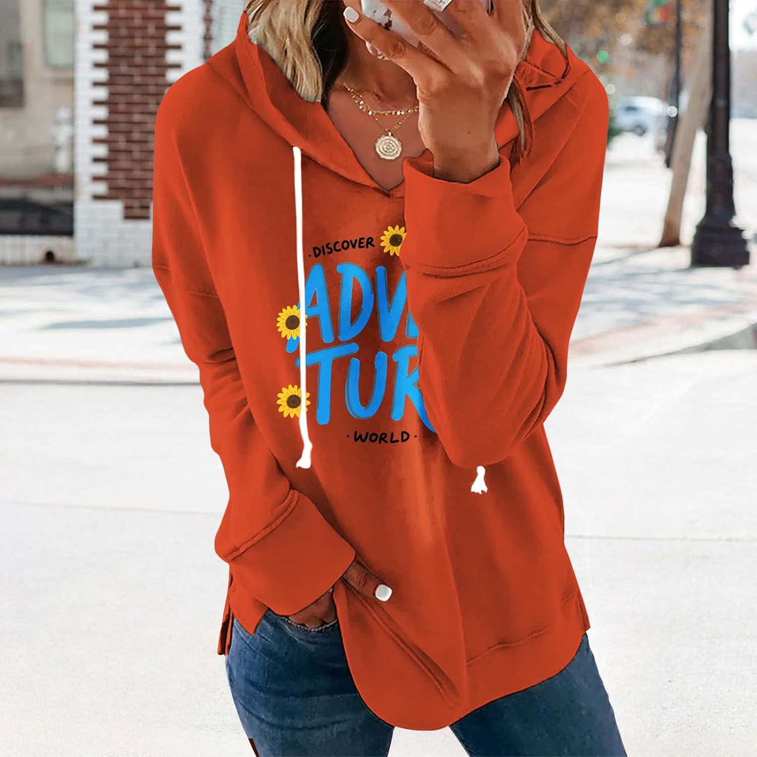 Womens Casual Loose Fit Pullover Sweatshirt with Artistic Print Drawstring Hood Long Sleeve Cotton Blend for Fall - Image 2