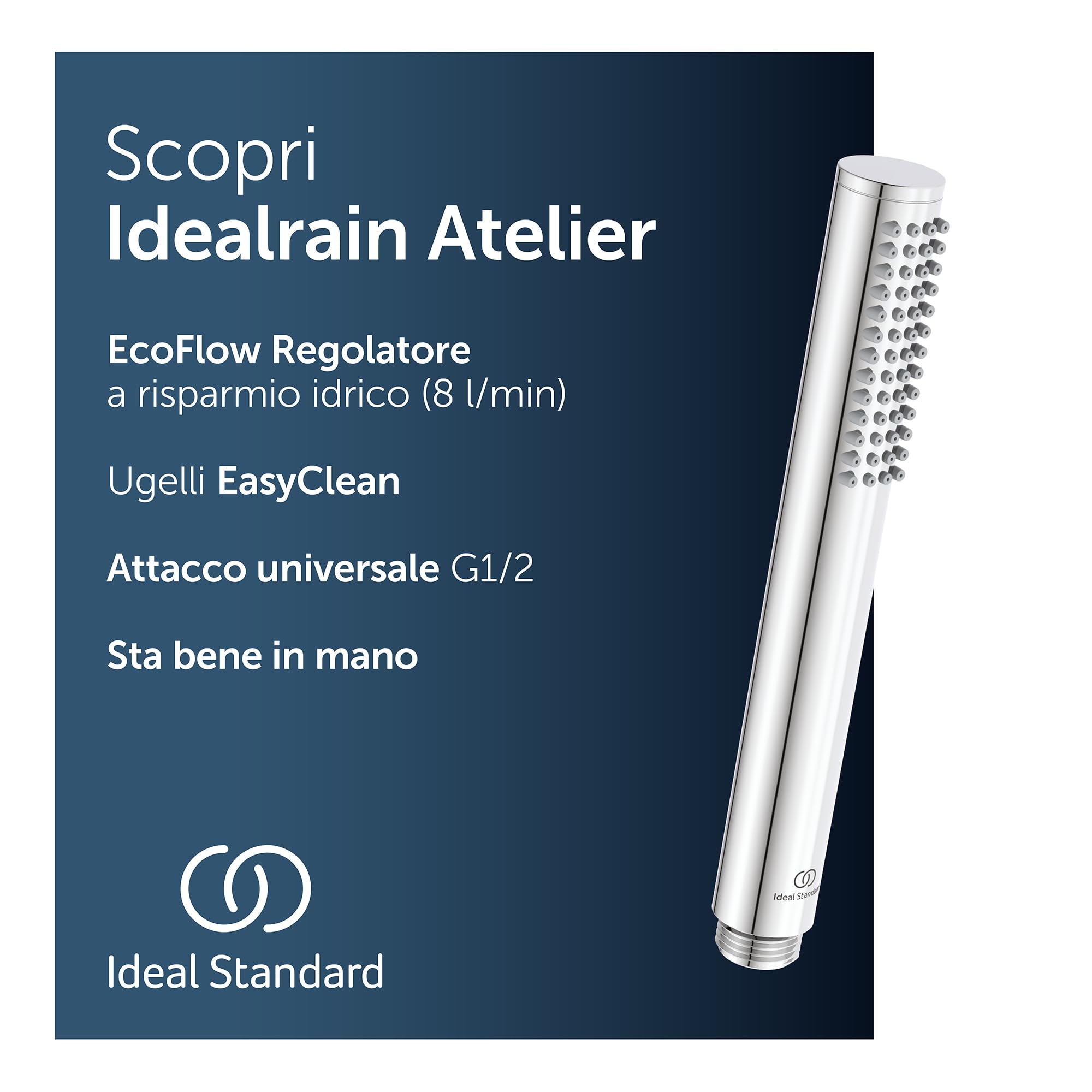 Ideal Standard – Doccia a mano Idealrain Atelier, doccetta a 1 funzione con design a stelo, soffione doccia a risparmio idrico, filettatura di collegamento standard, cromata