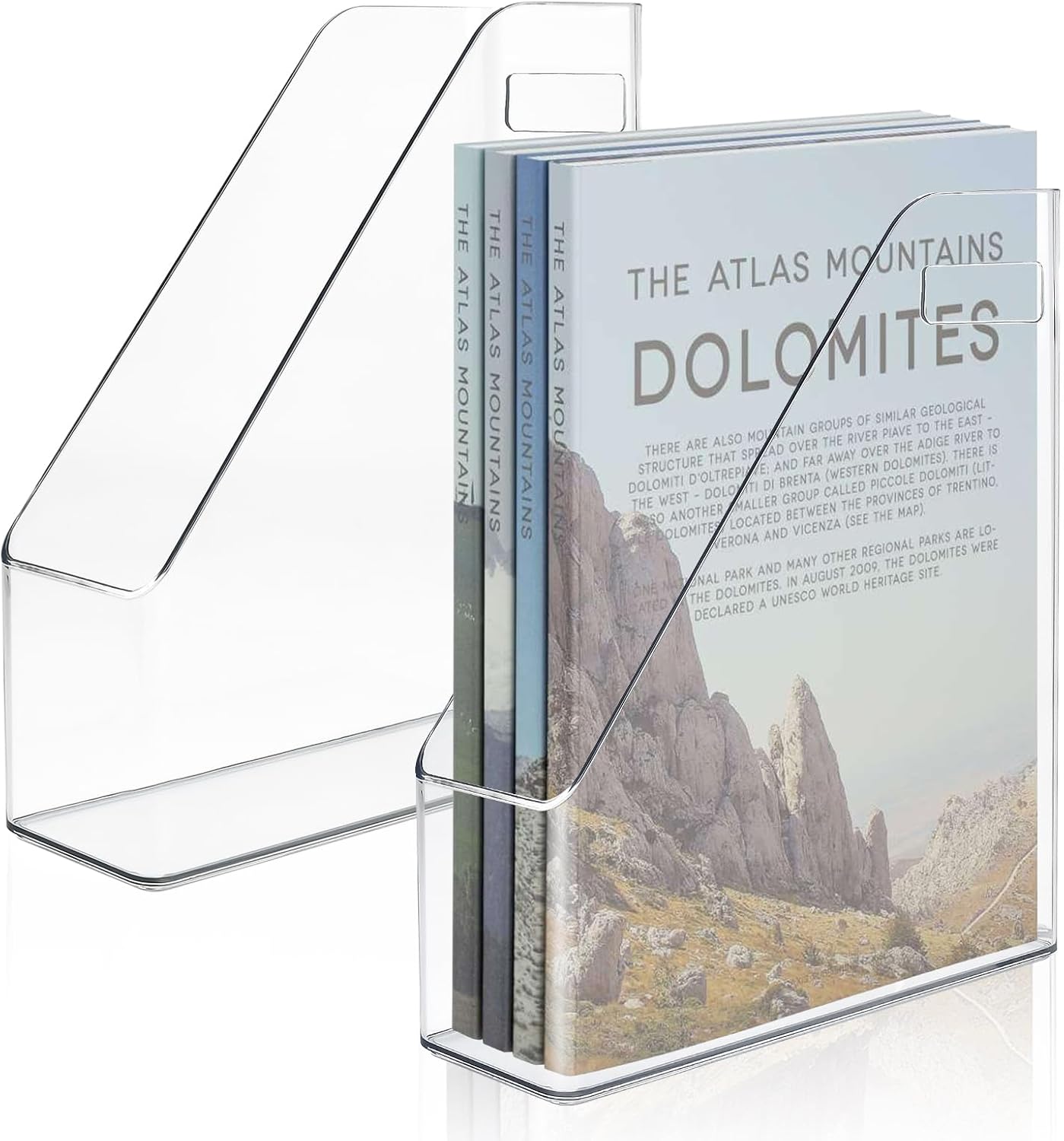 2 Pack Acrylic Magazine File Holder, Clear A4 Vertical File Organizer with Handle, Desk Organizer Magazine Document Rack, Slim Vertical Folder Bin for Home Office School Supplies