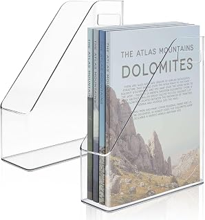 Boocalny 2 Pack Acrylic Magazine File Holder, Clear A4 Vertical File Organizer with Handle, Desk Organizer Magazine Document Rack, Slim Vertical Folder Bin for Home Office School Supplies