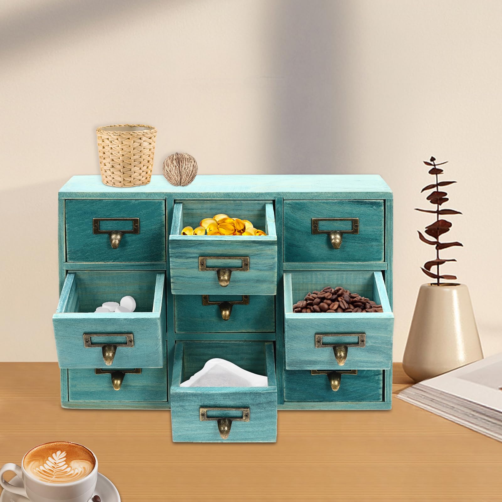 Organizador de Literatura, catálogo de Tarjetas, cajón, botiquín con 9 cajones, Mueble para Manualidades, Medicina, joyería, Maquillaje (Armario de Almacenamiento Azul de 9 cajones