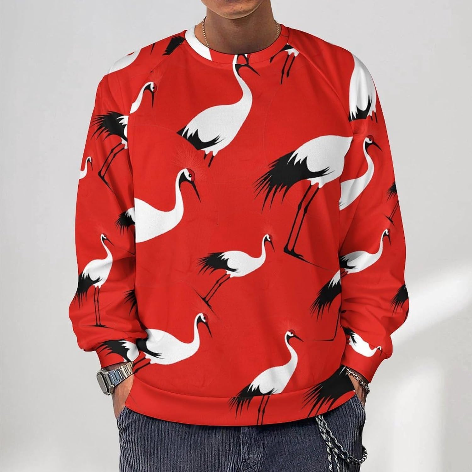 Red Crowned Crane Japanese Bird Men's Sweatshirt Crew Neck Sweater Long Sleeve Pullover Tops Casual Wear