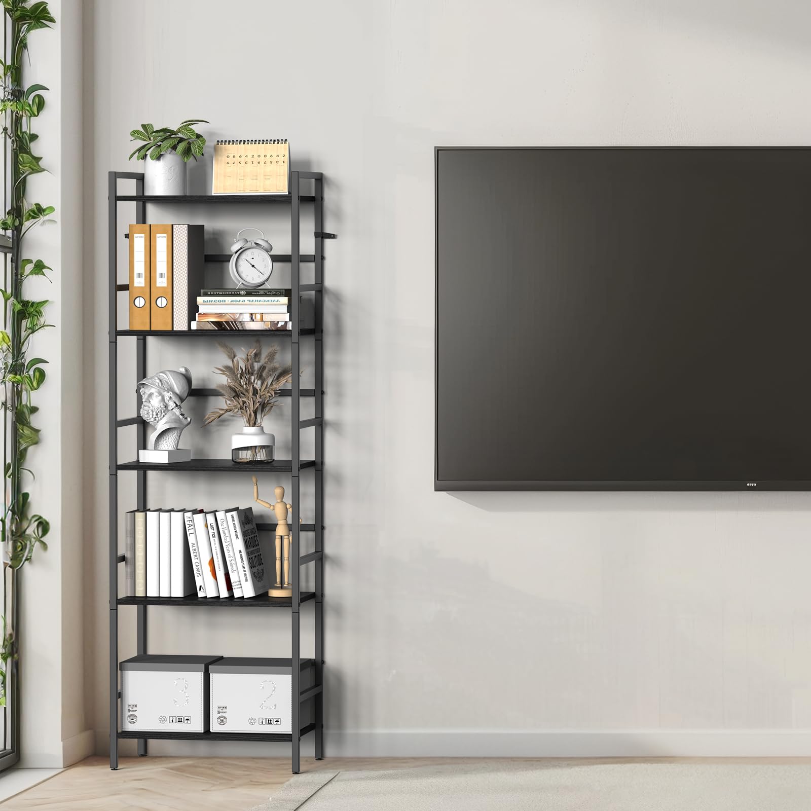 CADUKE Estantería de 5 Niveles, Gran Librero Negro con Almacenamiento Abierto, Estructura de Madera y Metal, Estante de Estilo Industrial para Sala, Dormitorio, Oficina, 43 x 28 x 134 cm