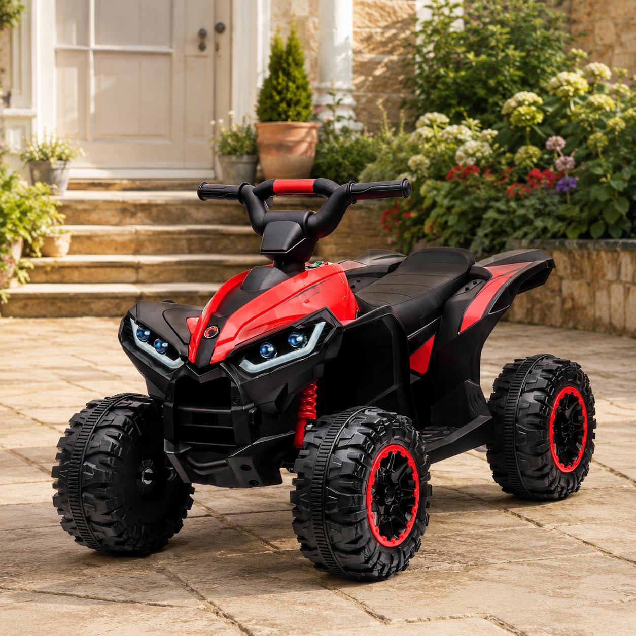 GarveeMore 12V Kids Electric Quad Bike, Ride on ATV Toy with Remote Control, Music, Bluetooth, LED Lights, Horn, EVA Tyres, 4-Wheel Suspension, for Ages 3-5, 83x53x56cm, Red