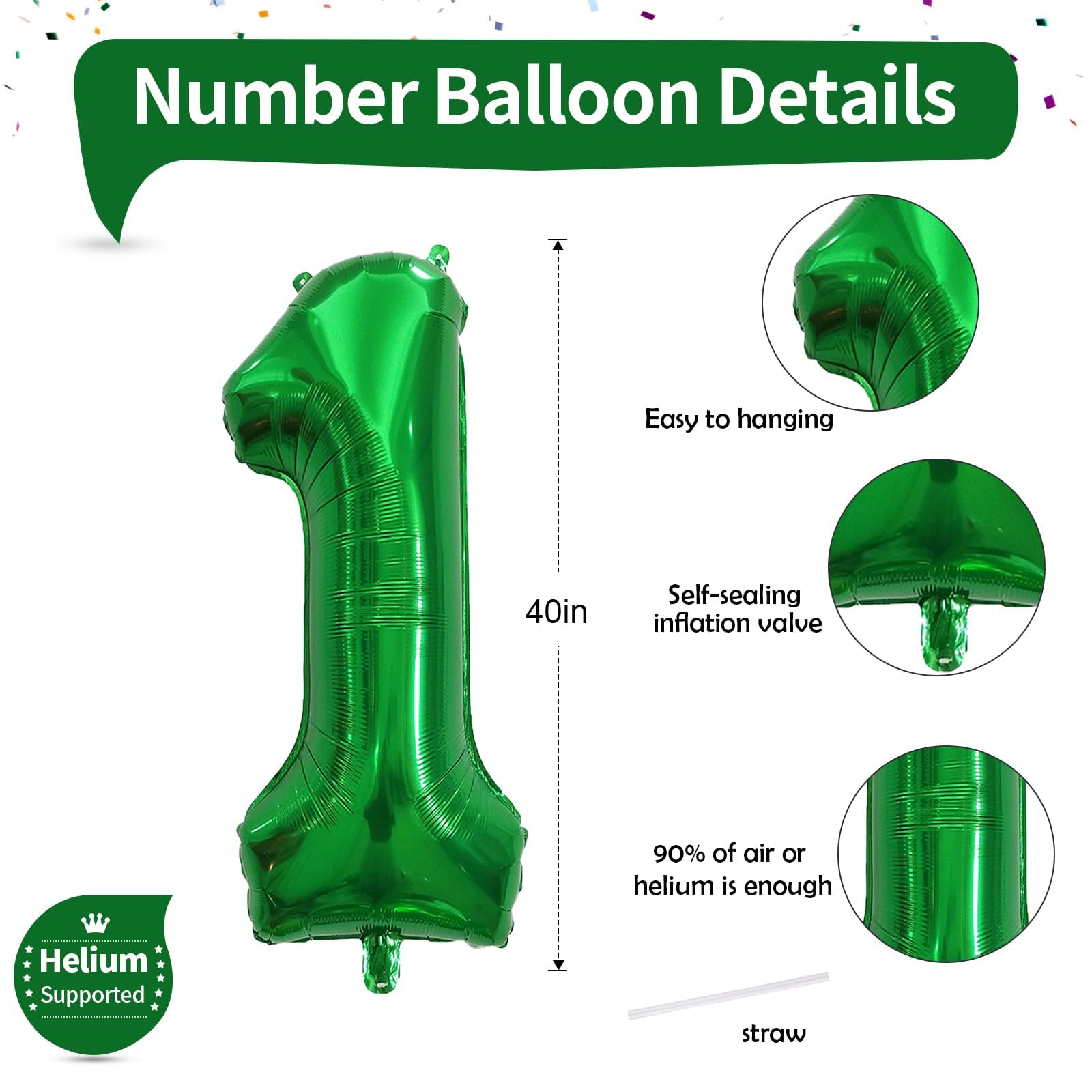 1. Geburtstag Luftballon Deko für Junge, 40 Zoll Grün Helium Zahl 1 Luftballon, Riesen Folienballon Zahlen 0-9 Ballon für Kinder Mädchen Geburtstag Babyparty Party Deko Jungle Dino Party Dekoration