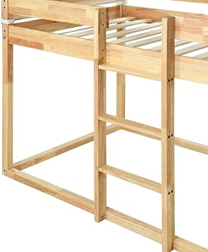House Floor Bunk Bed Twin Over Twin, Kids Bunk Bed with Tent and Ladder, Twin Bunk Beds for Kids, Girls, Boys, Natural