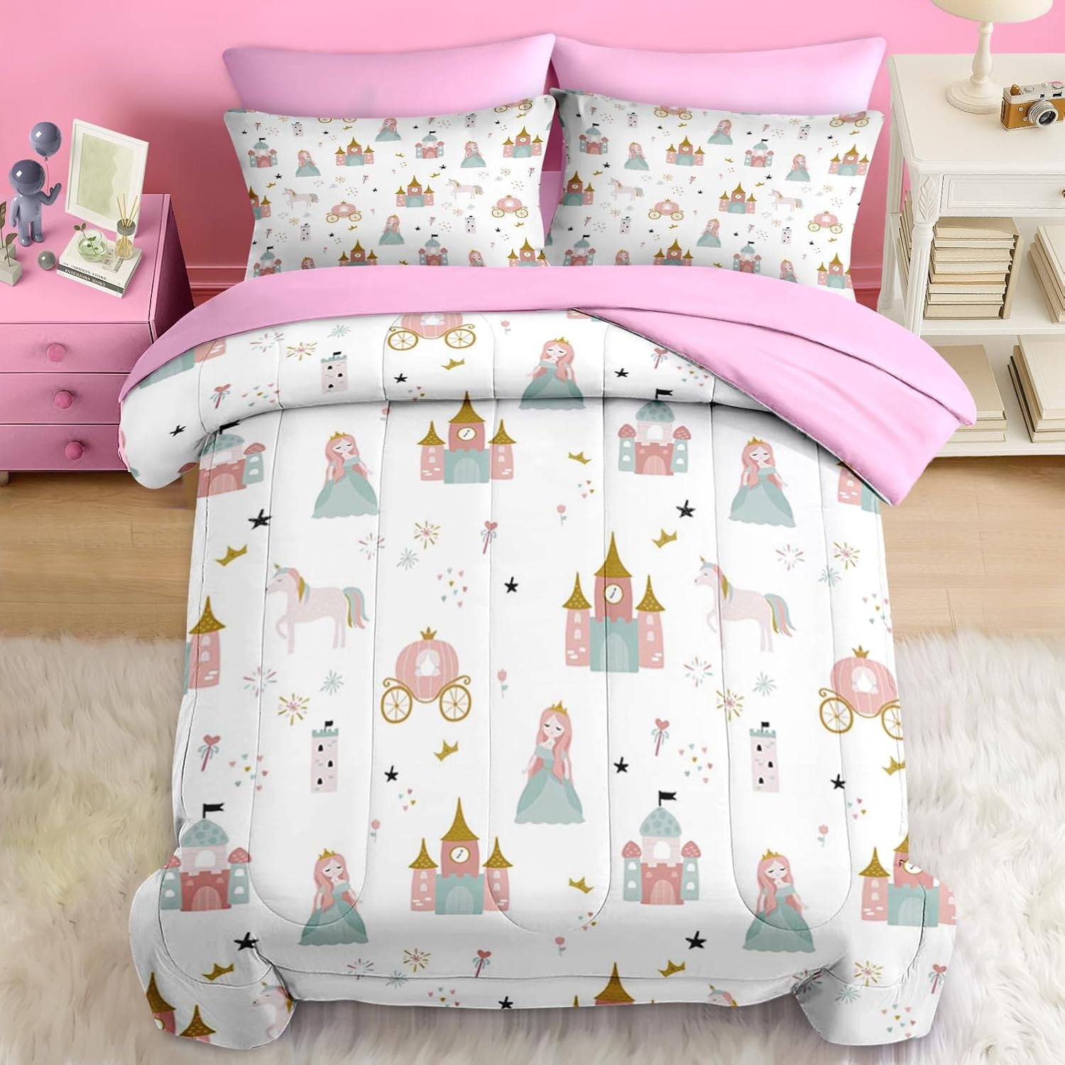 Comforter Set Twin Size, Sweet Princess Castle 5 Pcs Bedding for Kids and Girls, Cute Pink Unicorn Bed Sheet Sets with Fitted Sheet 2 Pillowcases & 2 Shams for Bedroom Bed Decor