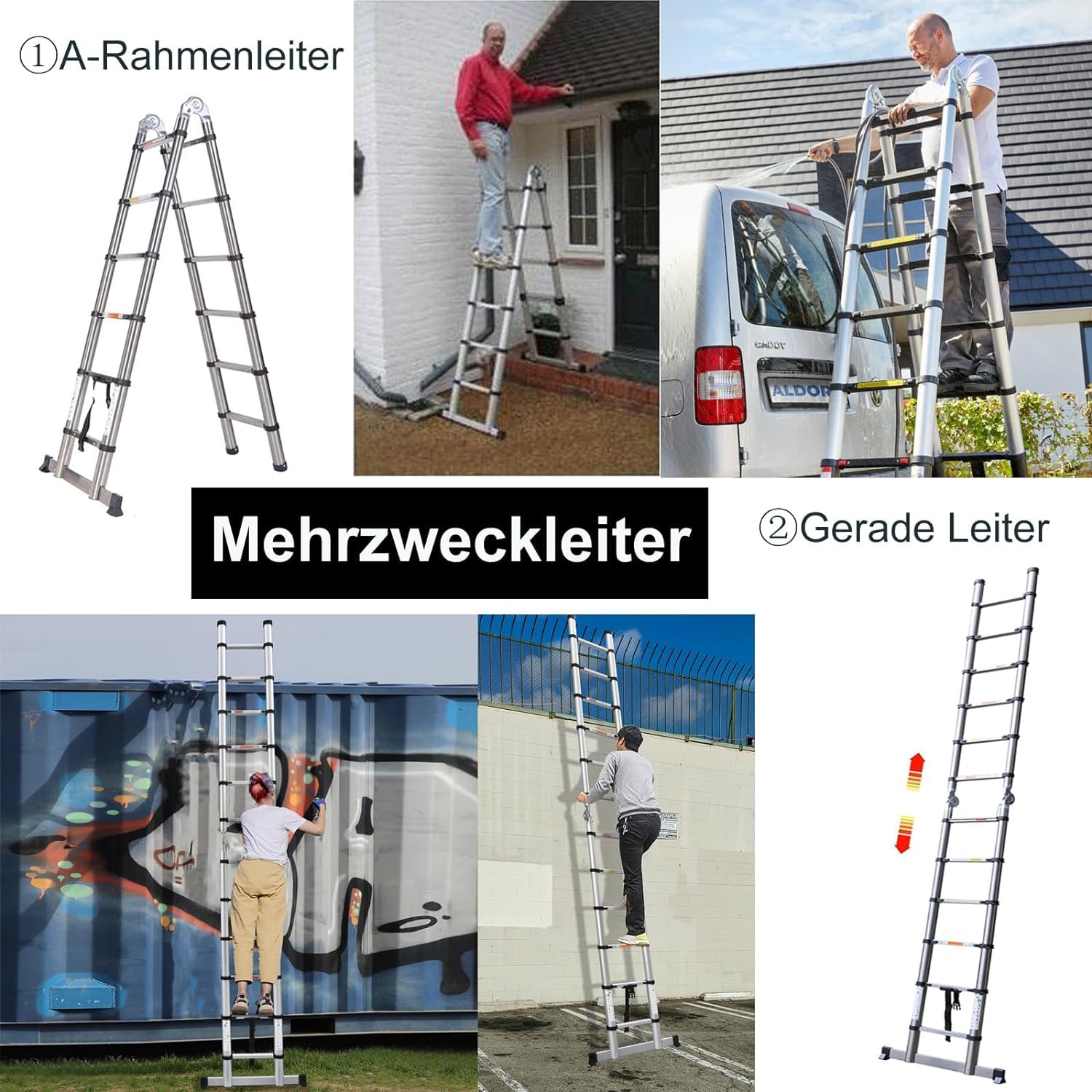 Teleskopleiter 3,8m Klappbar Aluleiter mit Stabilisator, EN131 Multifunktionsleiter Klappleiter Rutschfester Ausziehleiter, 150 kg Belastbarkeit Leiter für Garten Innen