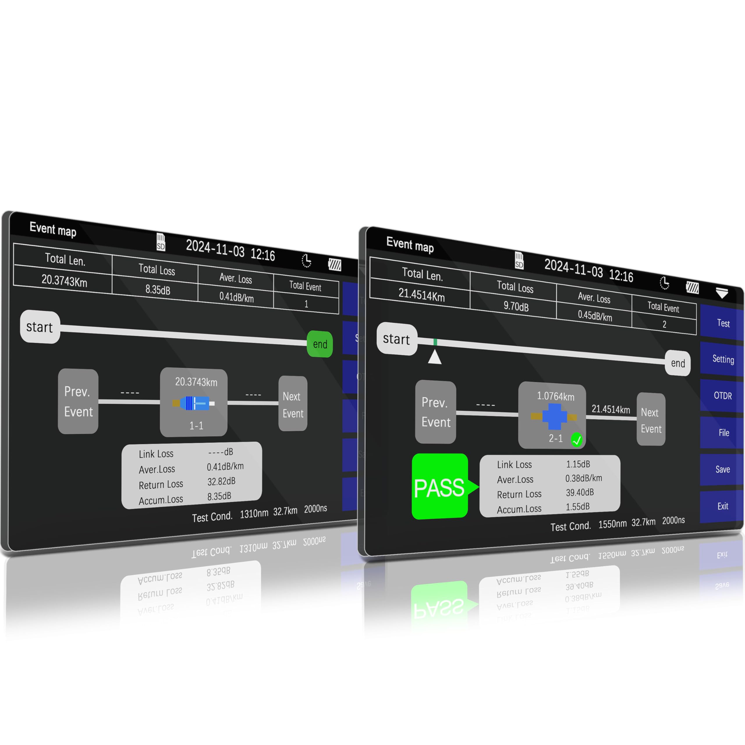 1310nm/28dB+1550nm/26dB SM Fibra OTDR Tester con OPM+10G OPM+OLS+VFL+Mappa degli Eventi+Tester di perdita+Test Multifibre+Test RJ45 con APC&UPC SC+FC+ST+LC-SS305T-2A1