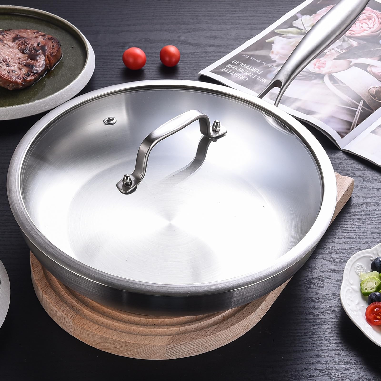 LOLYKITCH 8.5 Inch Tri-ply Stainless Steel Frying Pan with Lid,Skillet,Induction Cooking Pan,Dishwasher and Oven Safe,Riveted Handle — view 6
