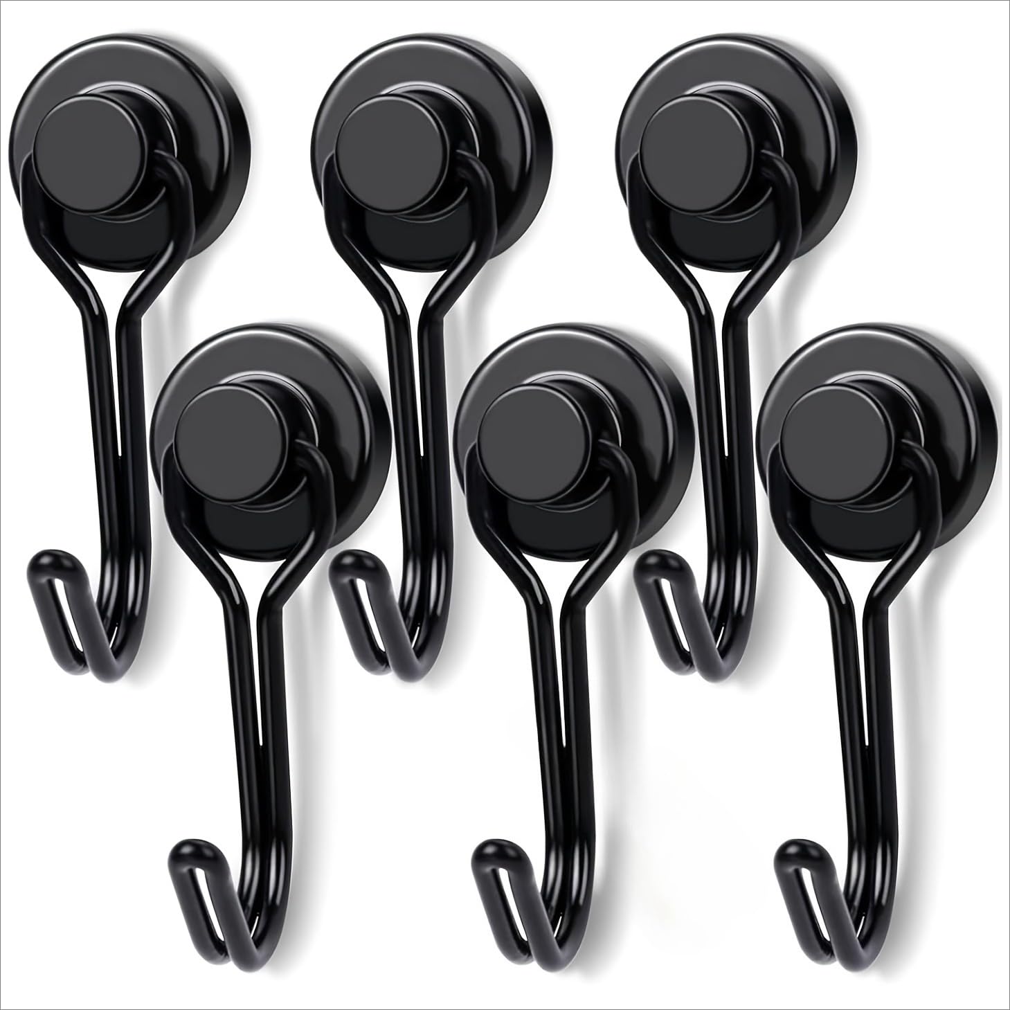 LANQEAOR 6 Pack Rotating Magnetic Hooks, Heavy Duty Swivel Magnet Hooks for Cruise Cabins, Fridge, Kitchen, Barbecue and Garage, No-Drill Hanging Hooks for Magnetic Surfaces, Black