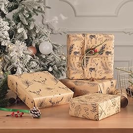 RUSPEPA Christmas Wrapping Paper, Kraft Paper - Red and Black Christmas Designs - 4 Rolls - 30 inches x 10 feet per Roll