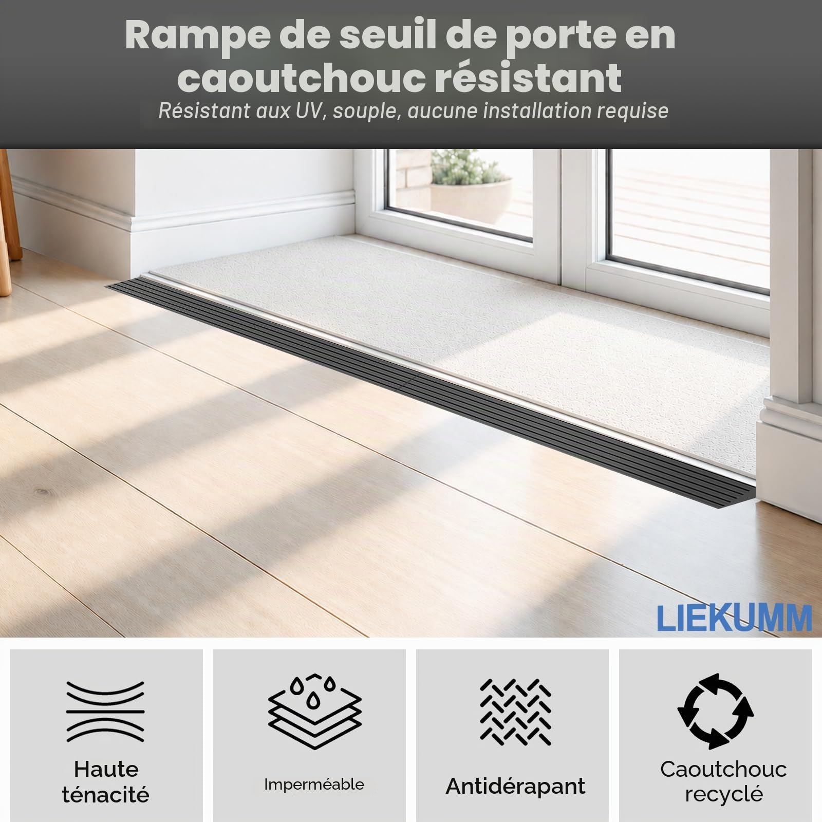 LIEKUMM Rampe de seuil 1 cm, Coupeable Caoutchouc Rampe Fauteuil roulan | Capacité 650 kg Rampe de Seuil Autocollante, Solide, Utilisable en Intérieur et Extérieur, Pour Couloirs et Salles de Bain