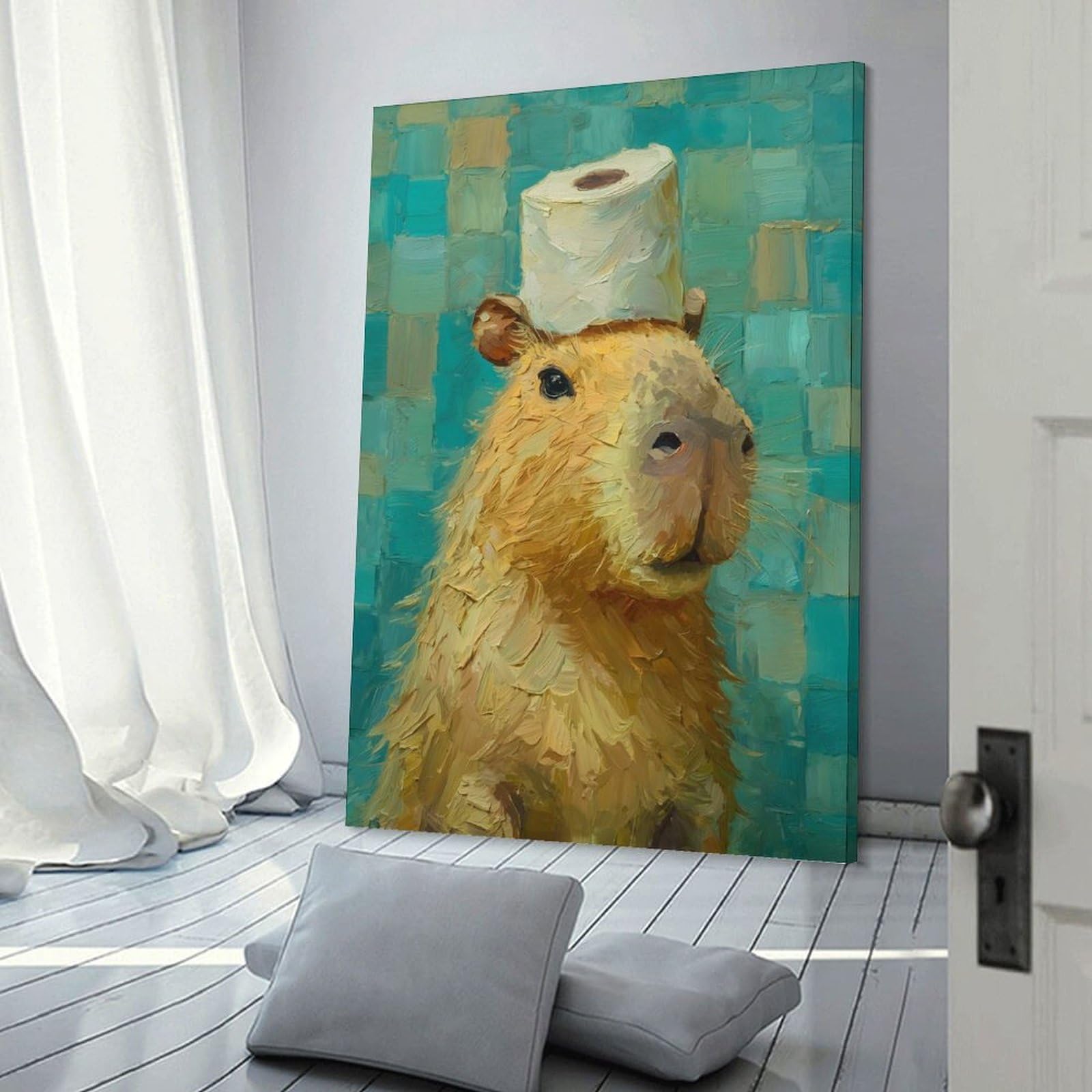 Junmoney Capybara with Toilet Paper Hat Painting Home Decor Wall Art 08x12inch(20x30cm), for Gallery Wall Layouts in Home Or Office, A Versatile Canvas Print for Layering
