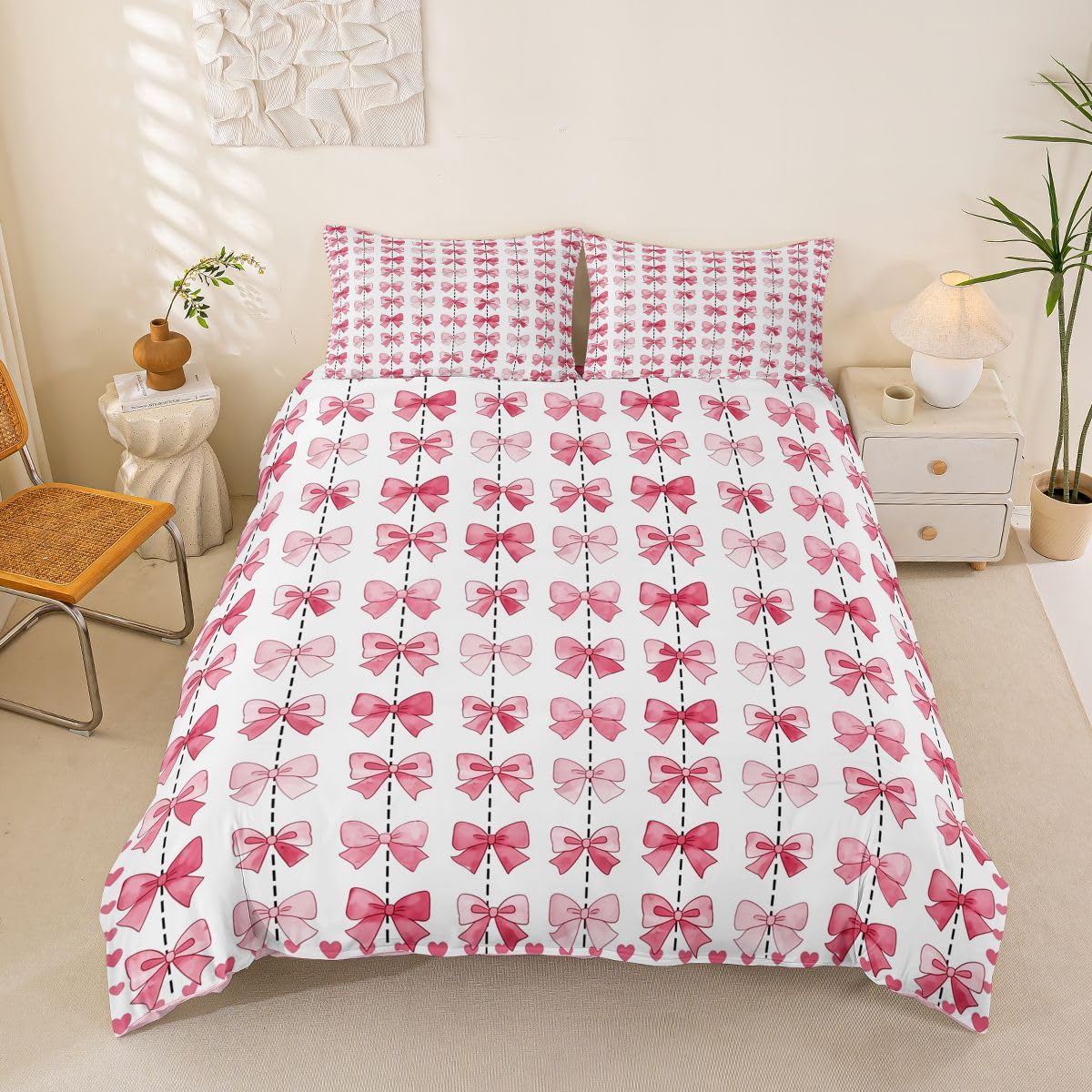 Housse de couette 220x240 rose motif noeud papillon cadeau anniversaire fille