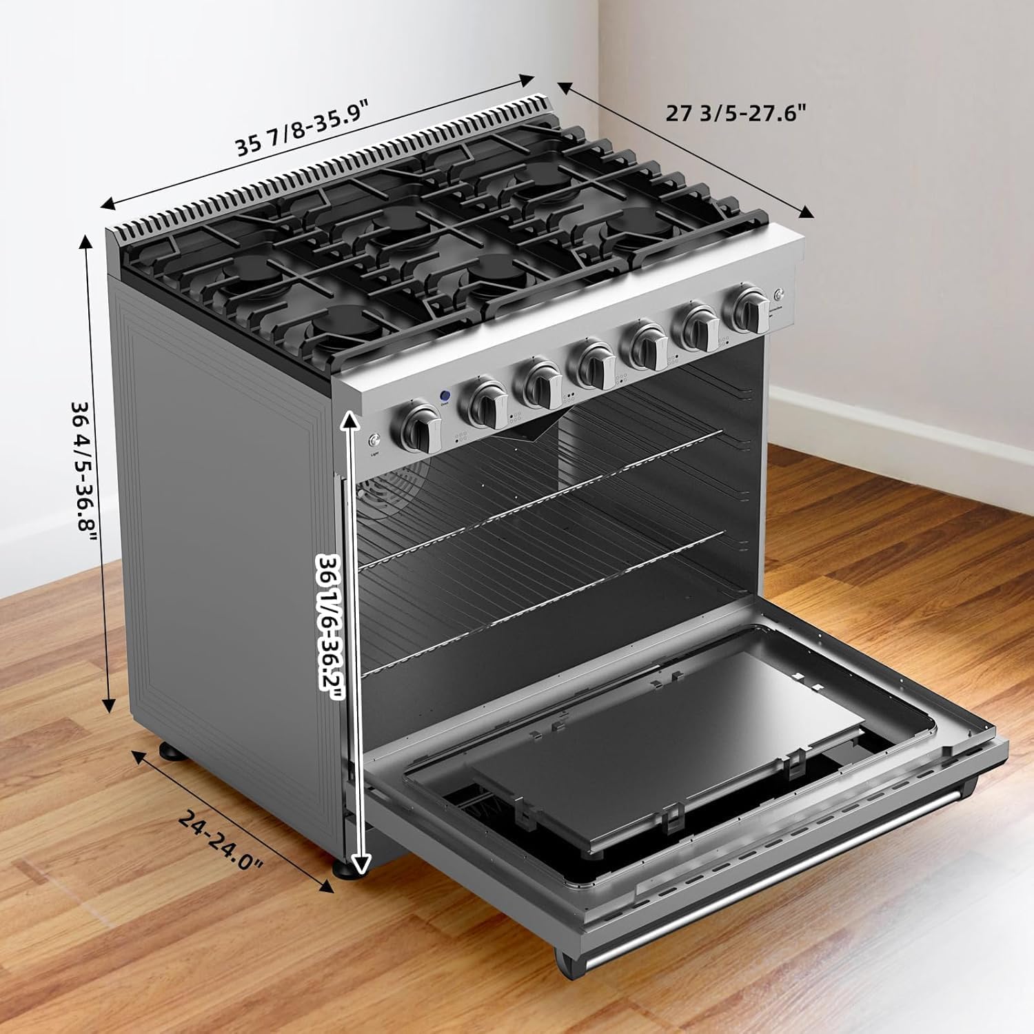 36" Gas Range with 6 Sealed Burner, Freestanding & Slide-In Full Gas Range Stove with 6 Cu.Ft. Convection Oven, Heavy Duty Grates, Storage Drawer, In Stainless Steel, Silver