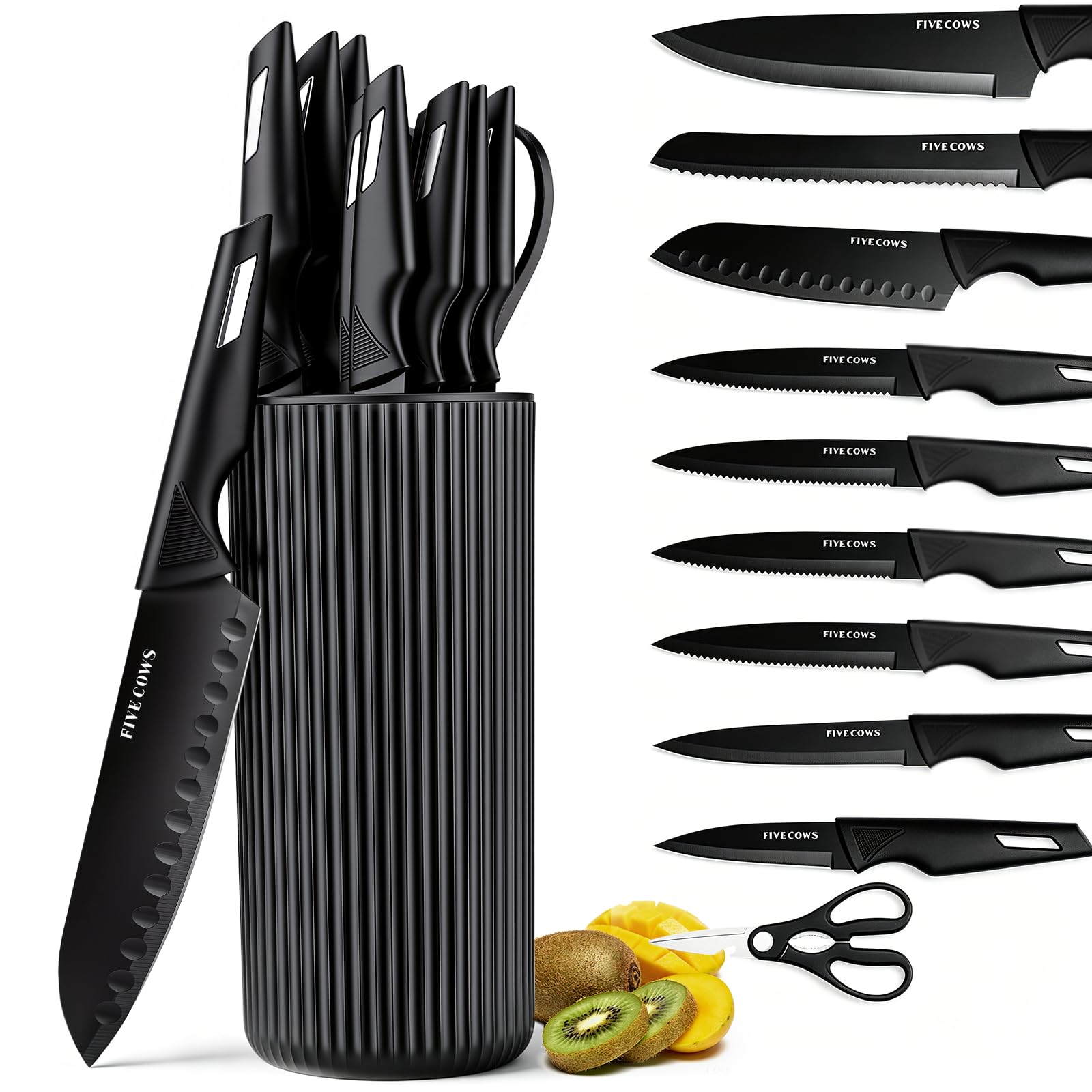 Messerset mit Block, 12 teilig, Messerblock Set, 1,8 mm dick | rutschfester Griff, leicht, platzsparend, geeignet für Picknicks im Freien und kleine Küchen, Rostschutz