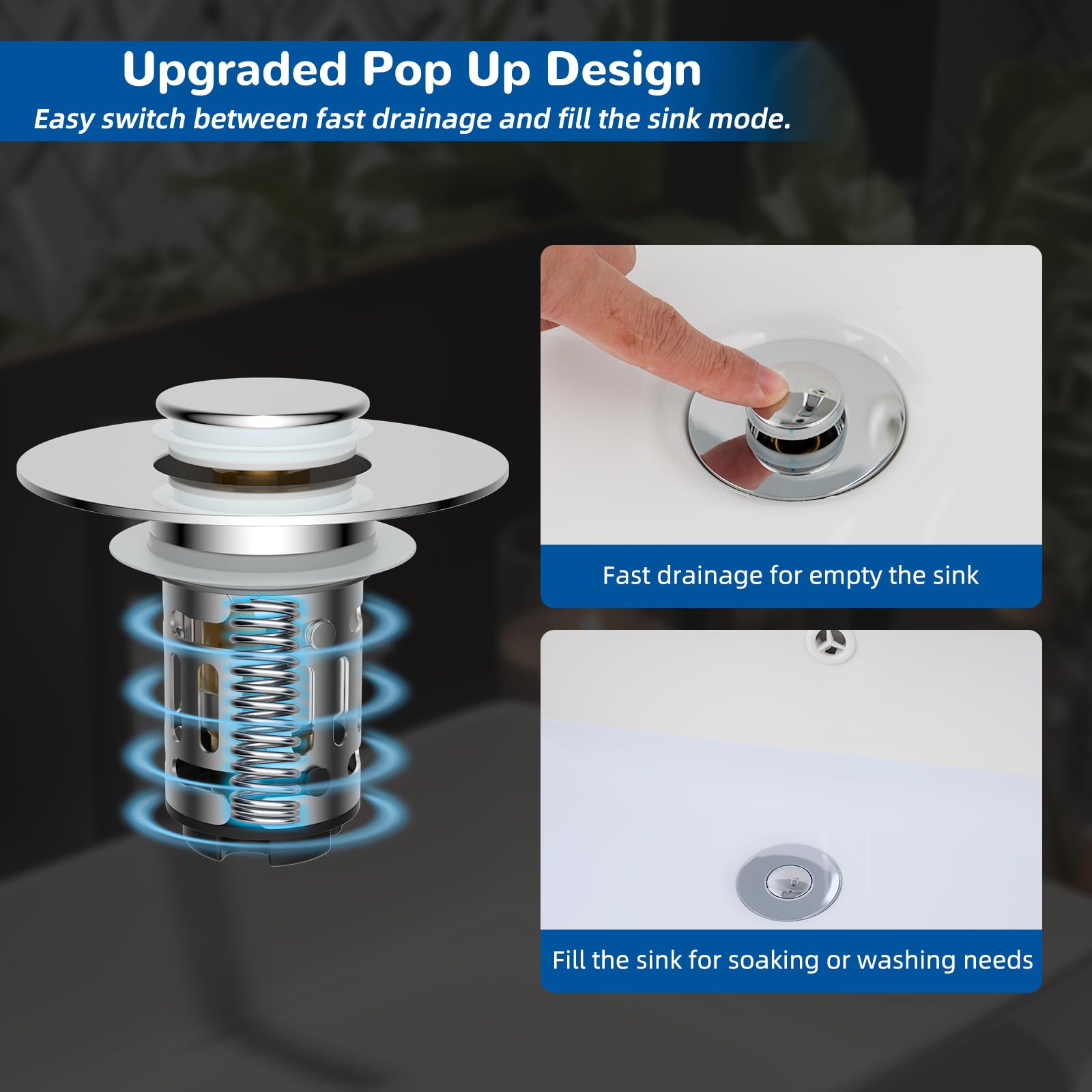 Hibbent 3-in-1 Abflusssieb für Waschbecken, universeller Pop-Up-Stopper mit abnehmbarem Edelstahl-Filterkorb, Haarfänger, Waschbeckenstöpsel für 2,8 cm ~ 5,9 cm Waschbecken, Messingkern, Chrom, 4
