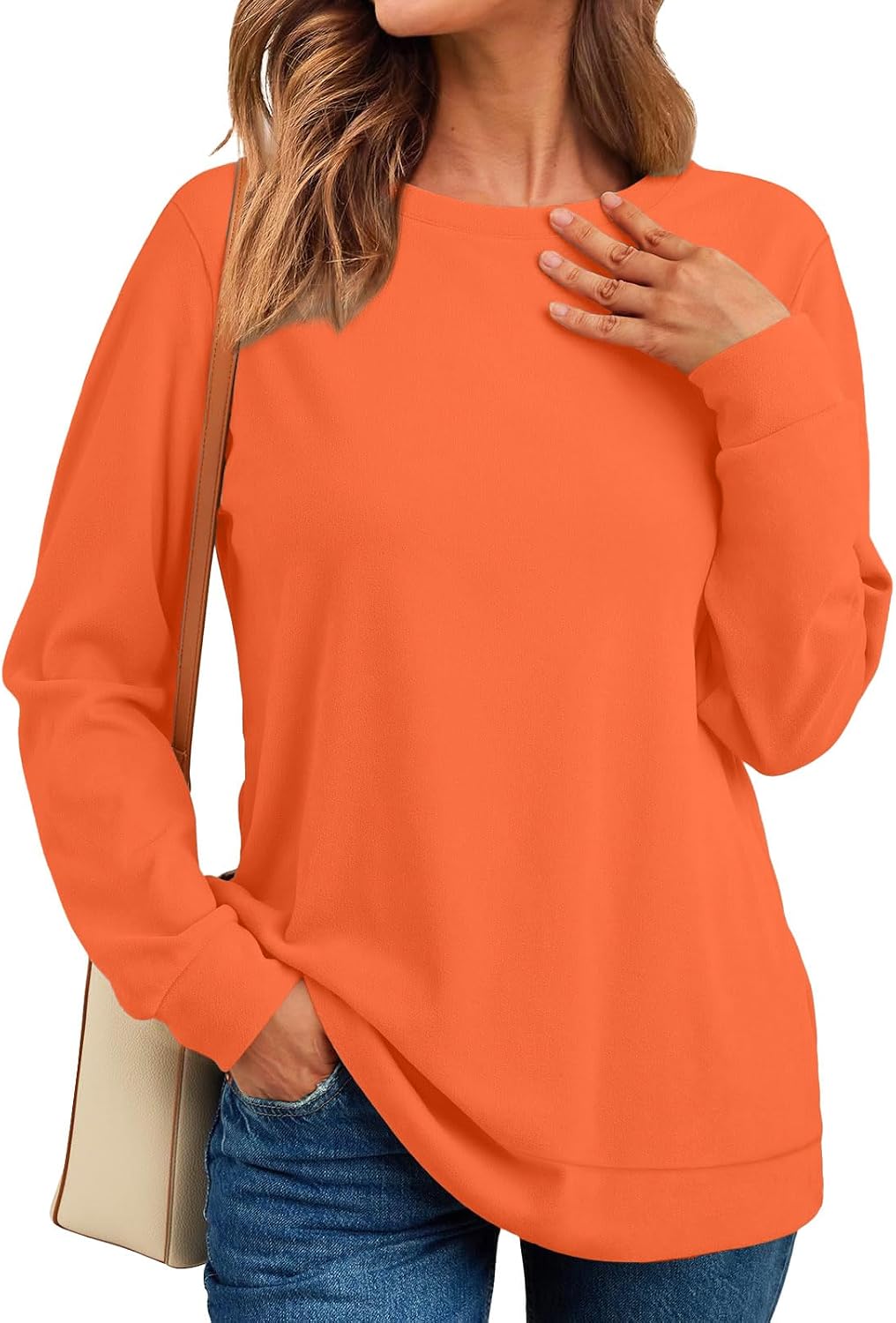  Crewneck Fall Sweatshirt for Women Plain Long Sleeve Top with Pocket thumbnail