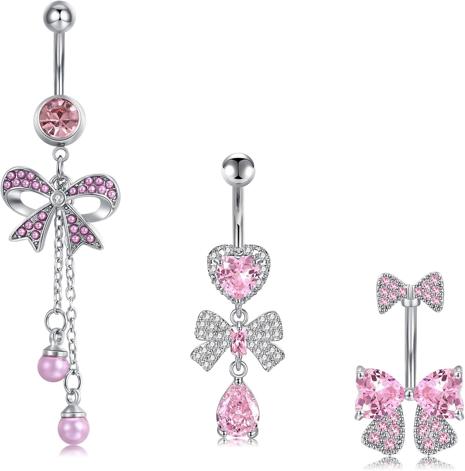 AceFun Belly Button Ring Dangle Navel Belly Piercing Jewelry Sparkly Pink CZ Heart Navel Belly Rings for Women 14G Silver Stainless Steel Dainty Dangly Dangling Belly Button Piercing