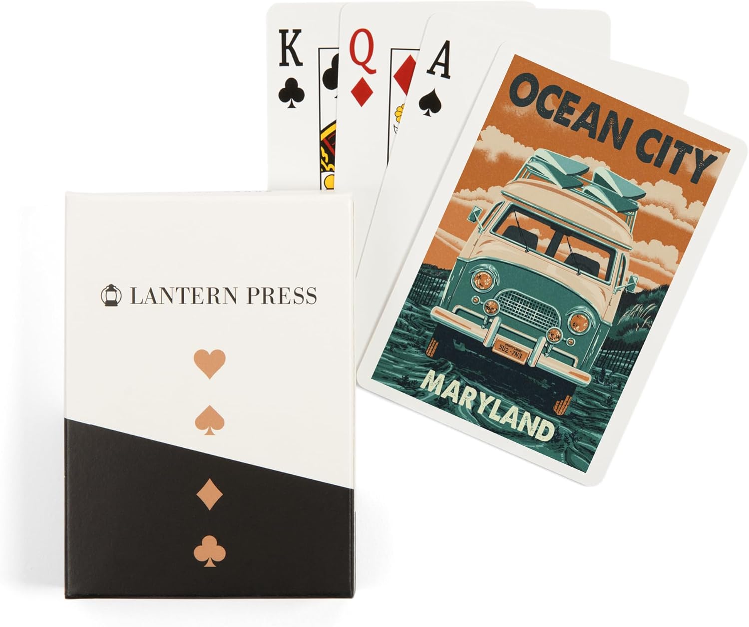 Ocean City, Maryland, Letterpress, Camper Van, Surfboard, 52 Playing Cards for Adults, Poker Size Card Deck