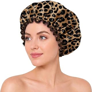 Leopard Brwon Cheetah Pattern Satin Lined Shower Cap for Women Bath | Reusable Waterproof Shower Caps, Large Size with Soft Elastic Band, Double-Layer Hair Cap Accessories for Travel