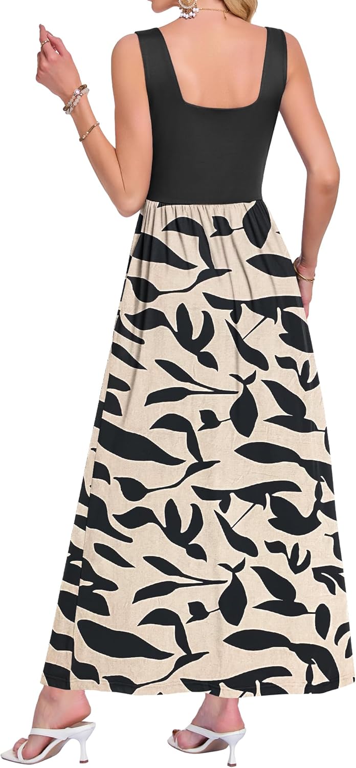 AUSELILY Women's Square Neck Maxi Dress Sleeveless Floral Loose Long Dresses with Pockets - Image 3